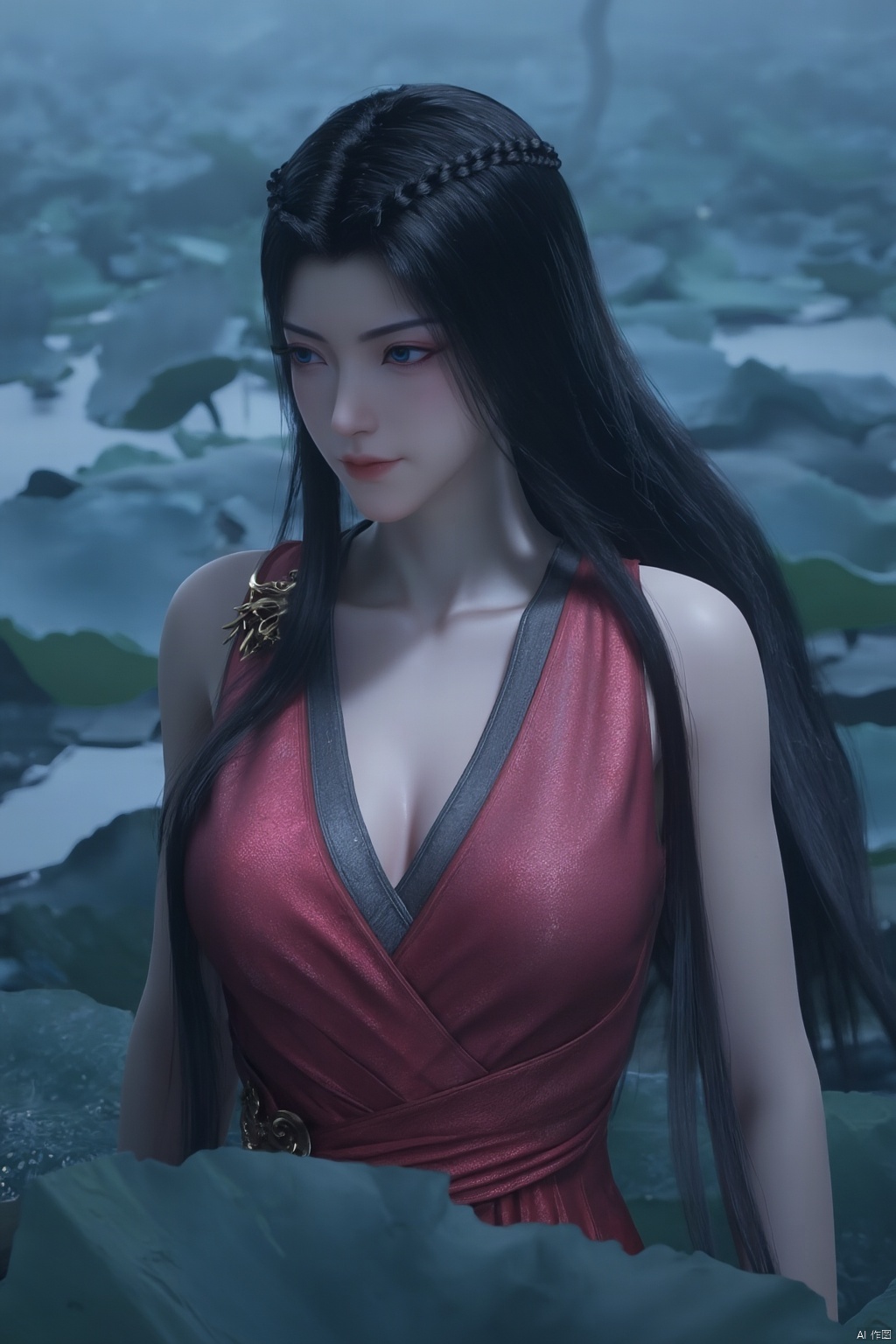 Best quality, Realistic, photorealistic, masterpiece,1girl,Xyuanyao,(big breasts:1.89),(Lotus, lotus pond:1.3),Xyuanyao