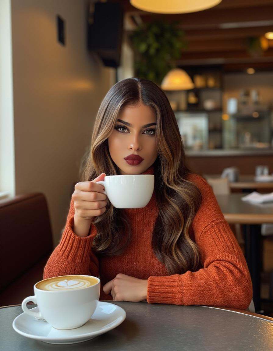 profesional photo of a beautiful woman wearing a cozy turtleneck sweater enjoying herself in a cafe having coffee on Tenso...