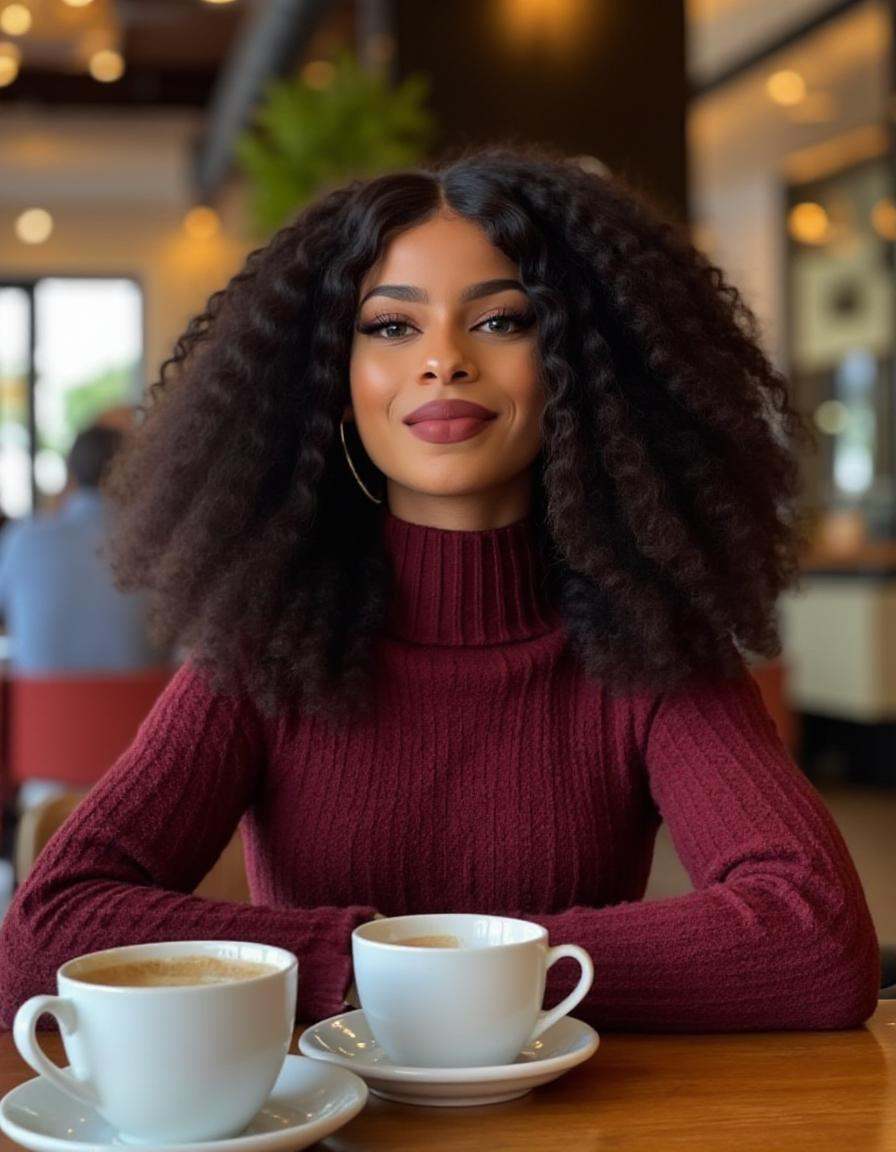 profesional photo of a beautiful black woman Lemy beauty with long curly black hair wearing a cozy turtleneck sweater enjo...