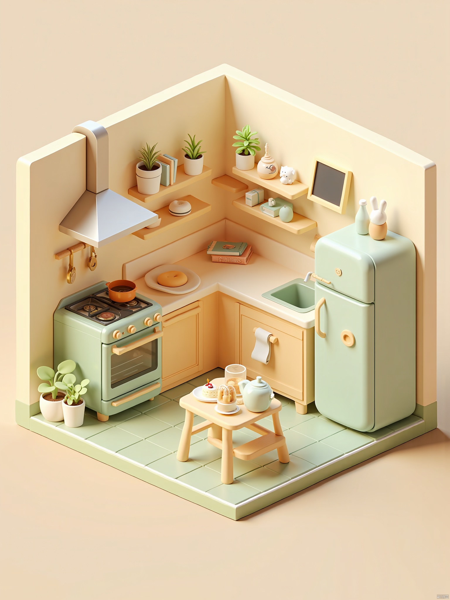 OBdengzhou,This image is a detailed digital illustration of a cozy, minimalist kitchen in a pastel color palette. The scene is rendered in a soft, stylized CGI art style with smooth, rounded edges and a gentle sheen. The kitchen features a light wood color scheme with hints of mint green and soft peach tones. The kitchen is compact, with a square layout. On the left side, there's a small oven with a matching light wood stove, and above it, a sleek, metallic range hood. Adjacent to the stove, a set of wooden shelves holds a few small pots and pans. The background wall is a soft peach color, adorned with a few potted plants in white pots. In the center, there's a small wooden table with a simple, clean design, set with a white teapot, a plate with a slice of cake, and a few books. A small stool is placed in front of the table. On the right side, there's a large, mint green refrigerator with a small chalkboard on it. Above the refrigerator, there's a small shelf with a few items, including a white rabbit figurine. The floor is a light beige with a pattern of mint green squares. The overall atmosphere is warm and inviting, with a sense