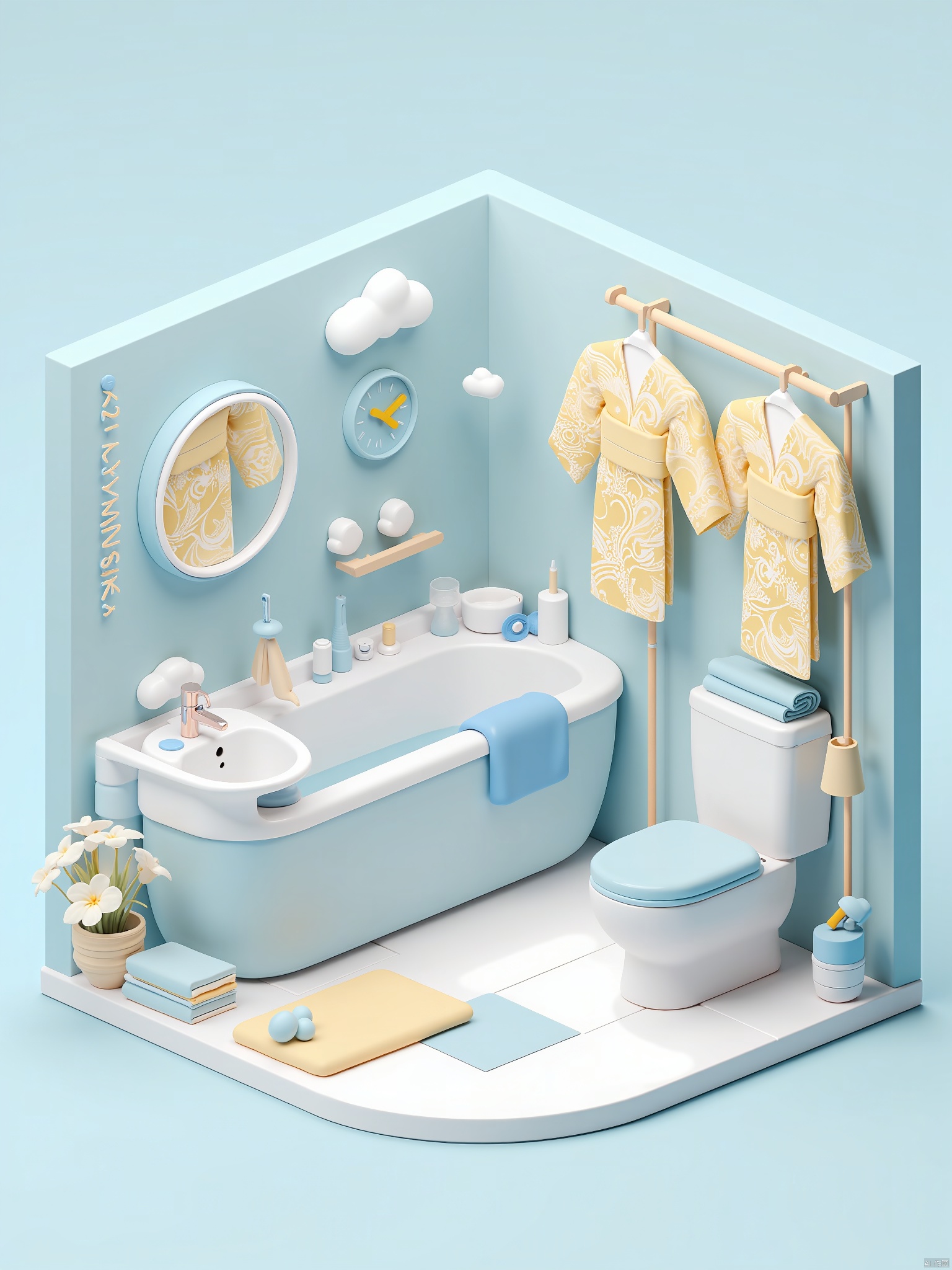 OBdengzhou,This is a digitally created, highly detailed CGI image depicting a stylized, minimalist bathroom scene. The background is a smooth gradient of light blue, creating a serene ambiance. The central focus is a large, white bathtub with a soft blue towel draped over the side. Adjacent to the tub is a white sink with a mirror above it, showcasing a reflection of the bathroom. The sink is adorned with a blue towel and a white toothbrush holder.To the right of the sink is a white toilet, with a blue towel neatly folded on top. A wooden drying rack is mounted on the wall, holding two yellow kimono robes with intricate white patterns. Above the sink, a round clock with a blue face and yellow hands hangs on the wall. The floor is covered in large, square white tiles, and there are additional towels folded neatly on the floor.The room is decorated with white and blue accents, including flowers, clouds, and a sign that reads "MAYMONA" in blue letters. The overall style is clean, modern, and whimsical, with a focus on soft, pastel colors and a minimalist aesthetic. The image is highly detailed, with a smooth texture and a polished, professional finish.