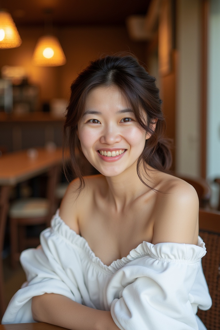 A close-up shot captures a radiant woman sitting comfortably in a cozy cafe,  surrounded by warm lighting and rustic decor...