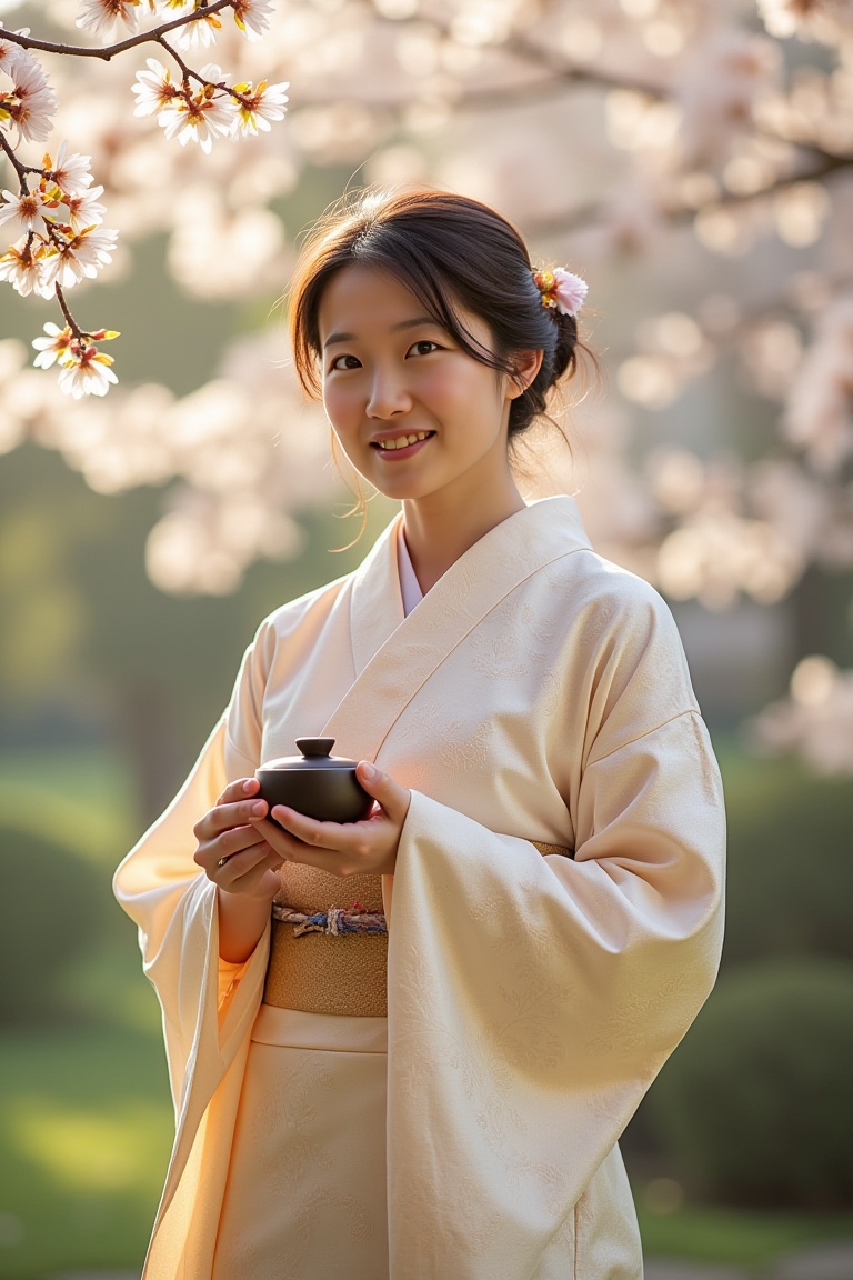 A serene Japanese woman stands against a subtle gradient backdrop,  her gentle smile framed by a delicate kimono pattern....