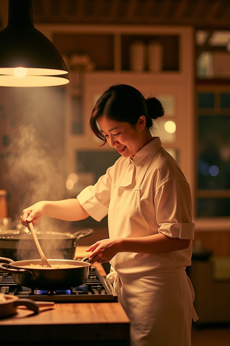 A warm kitchen scene: a woman,  focused on her culinary task,  stands in front of a rustic wooden table on Tensor.Art