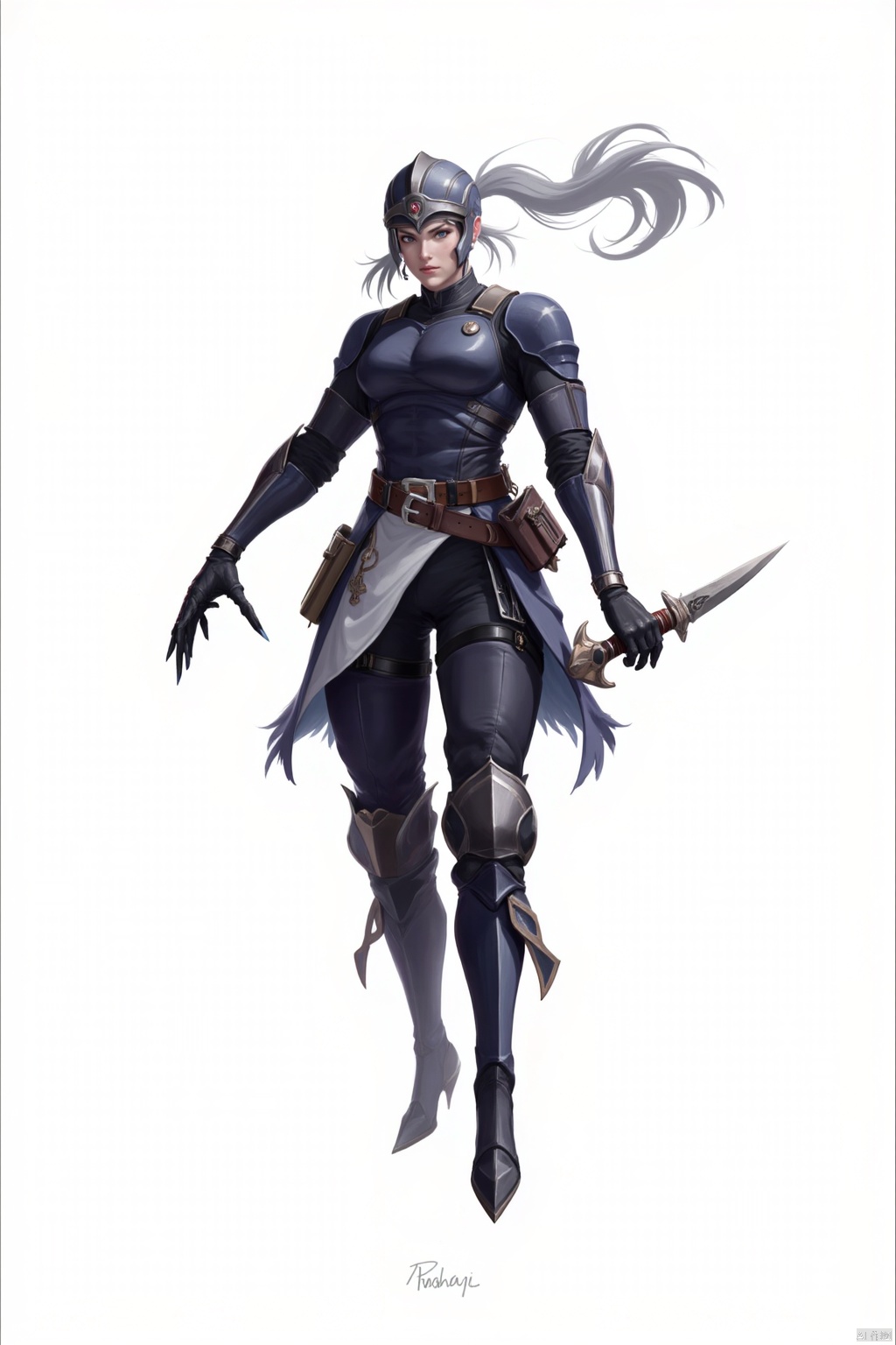 1girl, solo, long hair, breasts, looking at viewer, holding, standing, full body, ponytail, weapon, grey hair, boots, belt, holding weapon, armor, floating hair, helmet, knife, shoulder armor, pouch, breastplate, holding knife, dagger