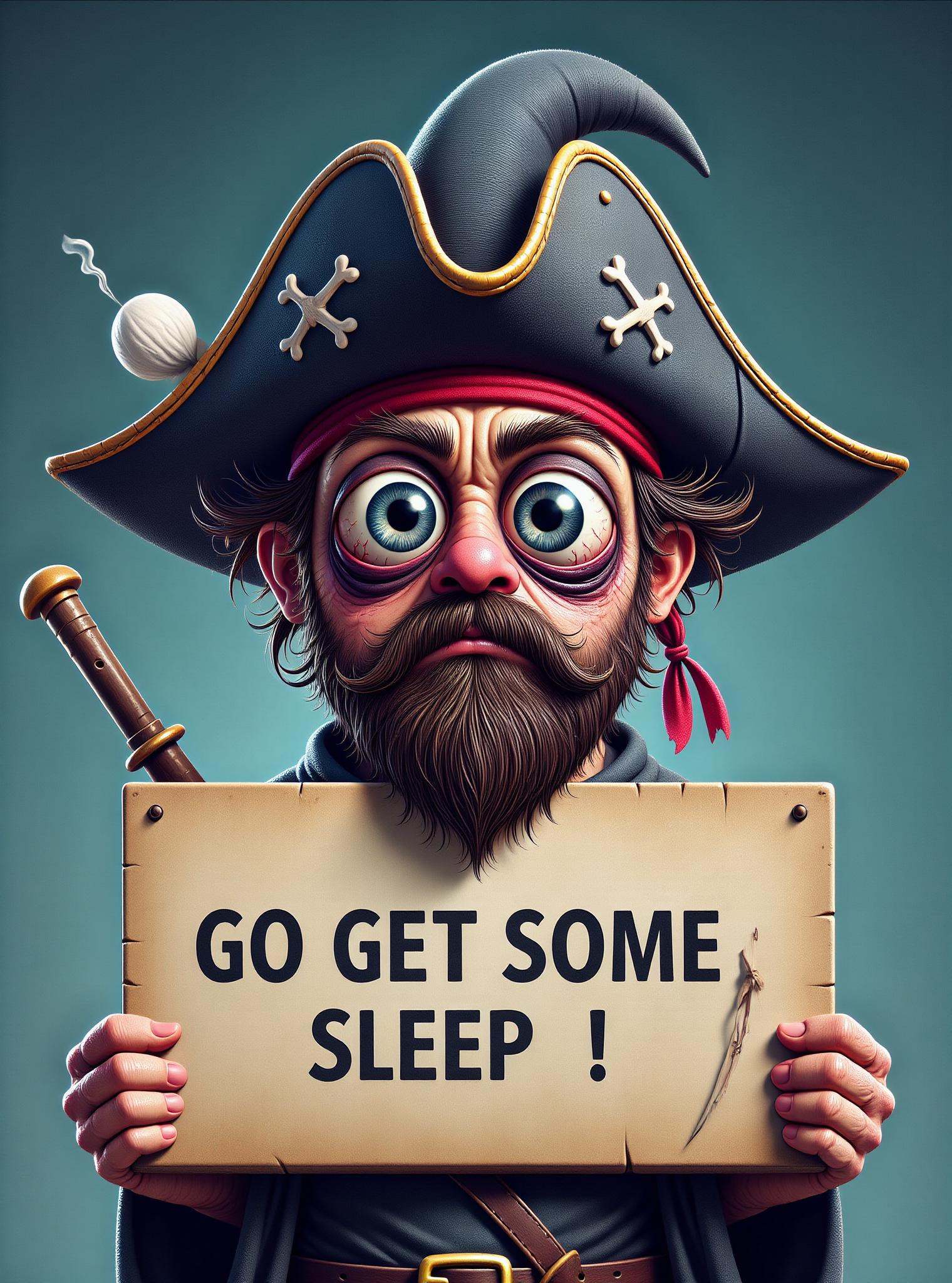 DonM1ns0mn14FXThe, digital illustration, (floating sign with text "Go get some sleep!":1.15), big eyes, sfw,  male kinda, pirate gunner,wizardess