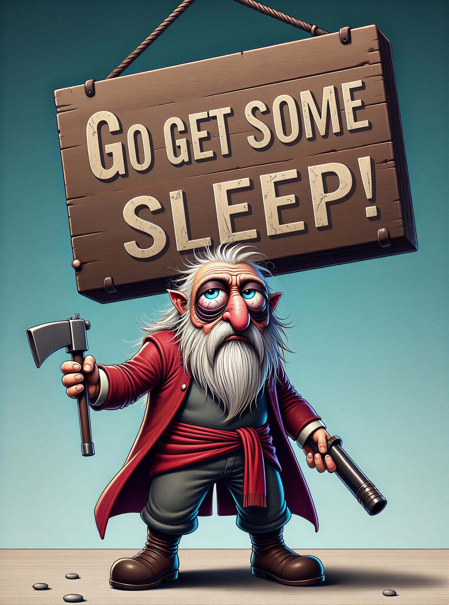 DonM1ns0mn14FXThe, digital illustration, (floating sign with text "Go get some sleep!":1.15), big eyes, sfw,  male kinda, pirate gunner,wizardess