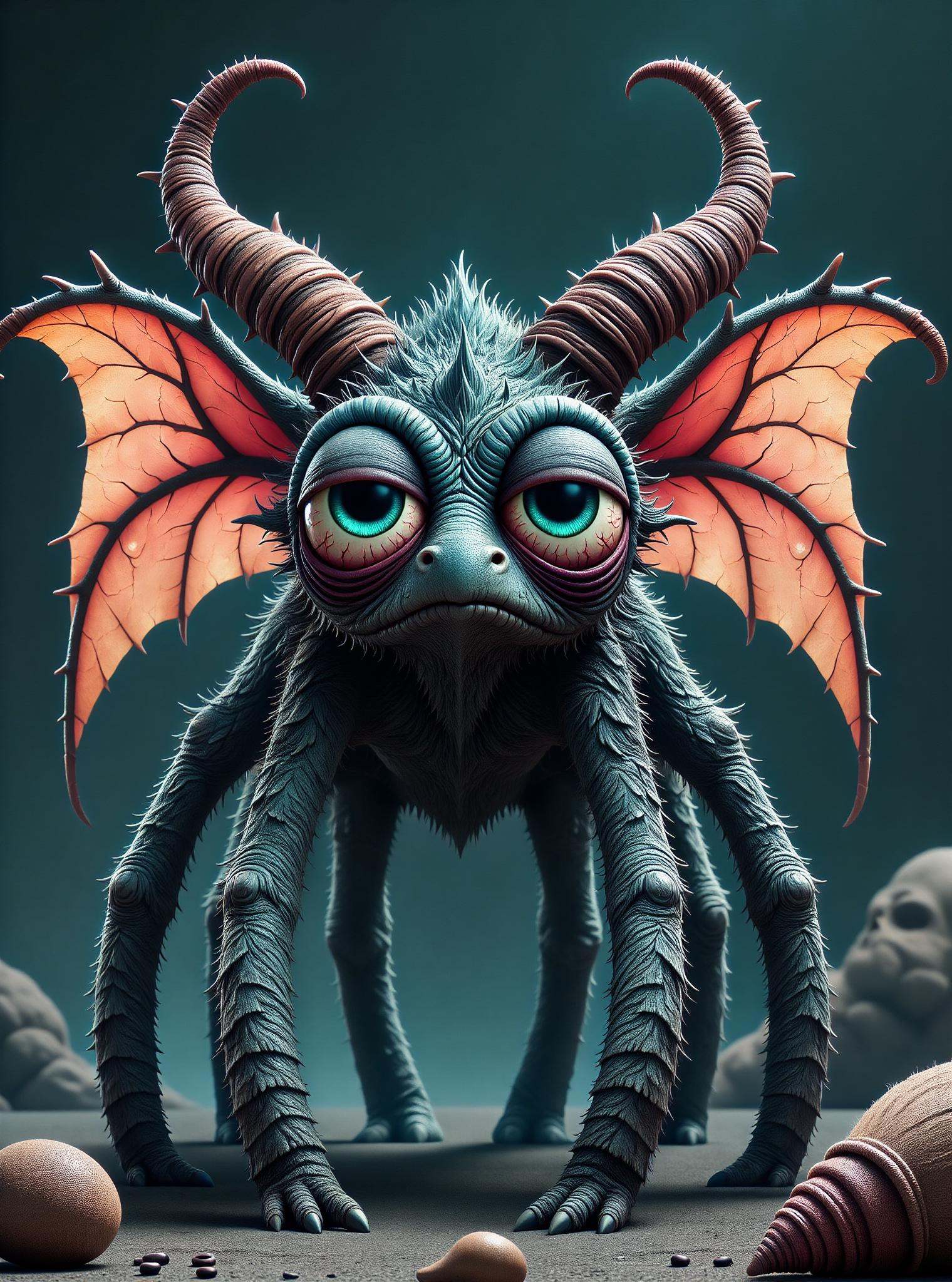 DonM1ns0mn14FXThe, big eyes, sfw,  colossal carnivorous bioluminescent eclectic irregular presence, multipedal multipedal, clawed appendages, multi-tailed, forked-tailed, smooth skin,    fairy wings,  # spiral horns,  #  fractal pattern,
