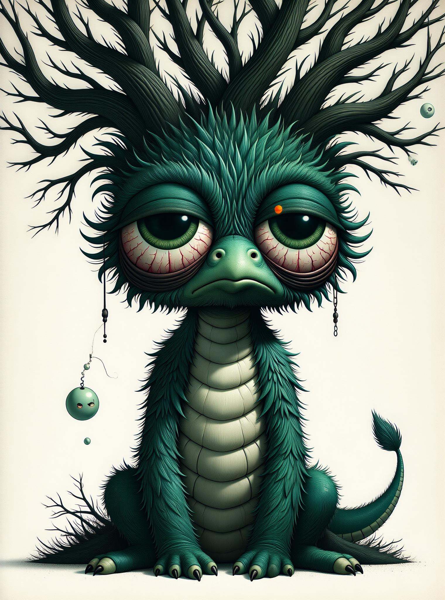 DonM1ns0mn14FXThe, digital illustration, big eyes, sfw,  a nestled obsidian tree serpentine  Ryu,    short bird-like legs,