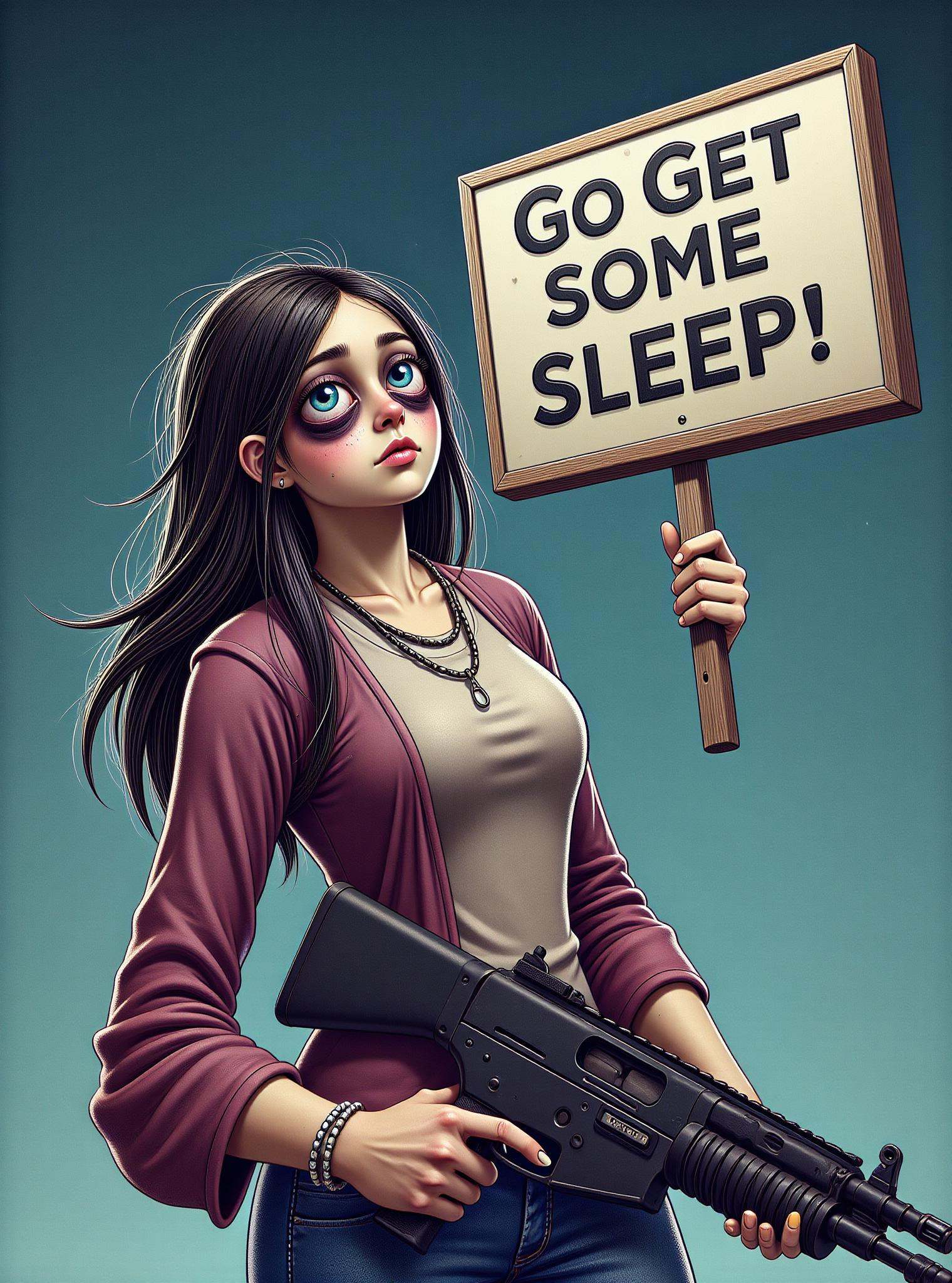 DonM1ns0mn14FXThe, digital illustration, (floating sign with text "Go get some sleep!":1.15), big eyes, sfw,  female rutan, troubadour,mage, tactical shotgun