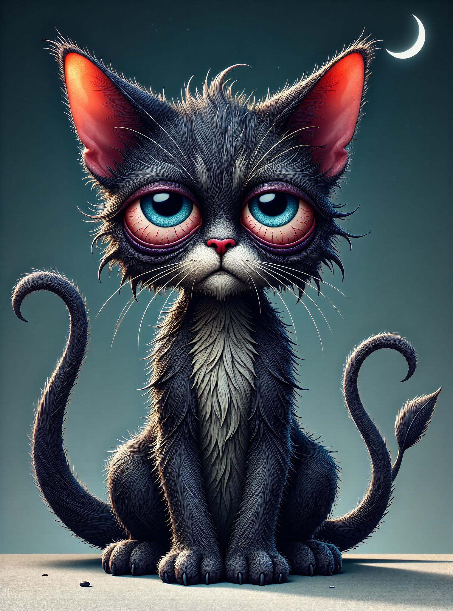 DonM1ns0mn14FXThe, digital illustration, text "Good night SHQ!", big eyes, sfw,  big majestic vascular sleek feline individual,  tentacle,  long-tailed, leathery skin,  slit ears,    #   #