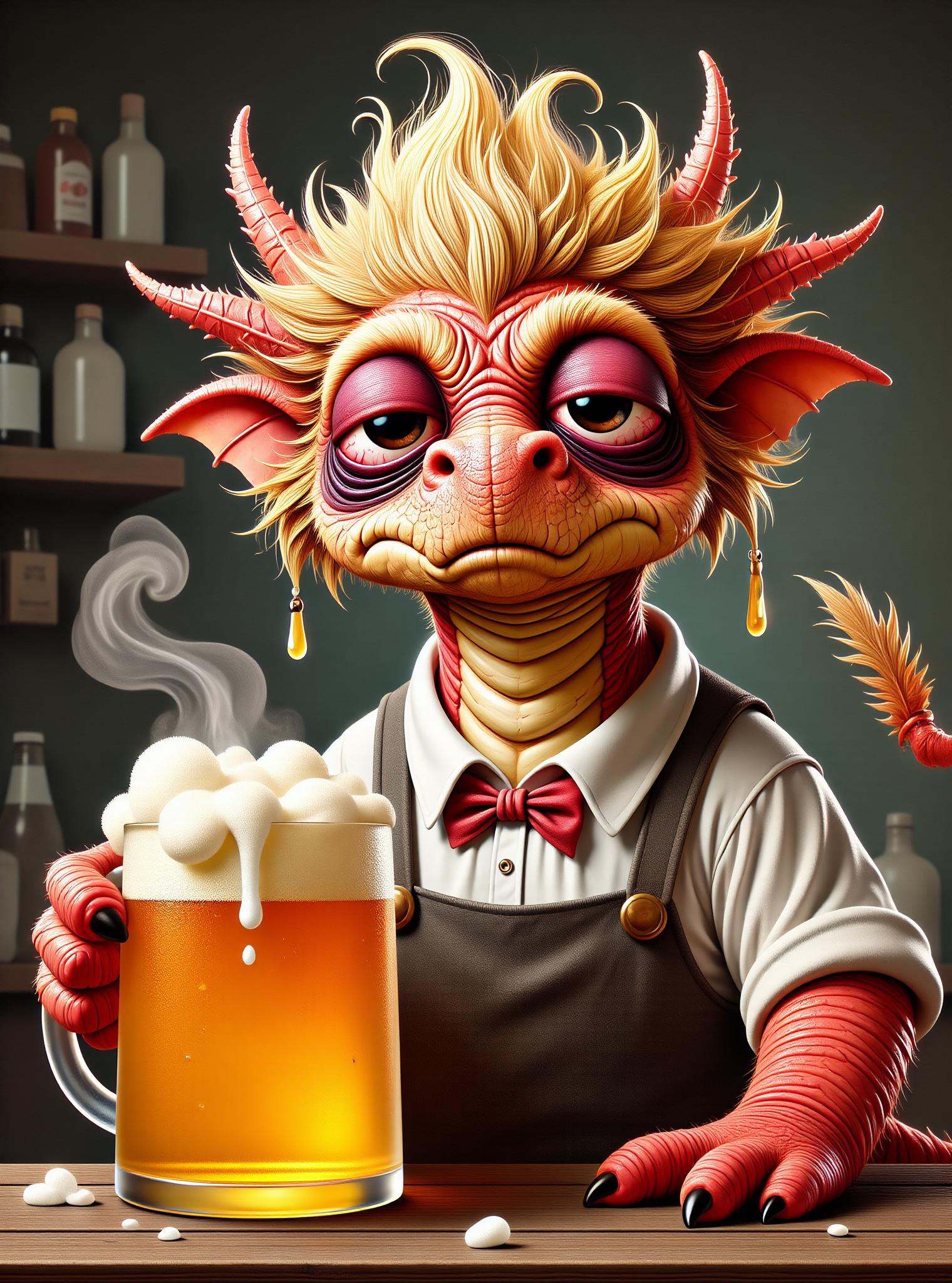 DonM1ns0mn14FXThe, digital illustration,big eyes, sfw,  dragon human form, Mythical jovial rotund being,lighthearted convivial joy,clusterd with yellowish floating foamy beer bubbles, Resembles a friendly well dressed ghostly ethereal otherworldly bartender, large overflowing beer stein, 0.4:frothy beer foam crown on its head, spreading merriment and good cheer, twinkle in its eye, hearty laugh