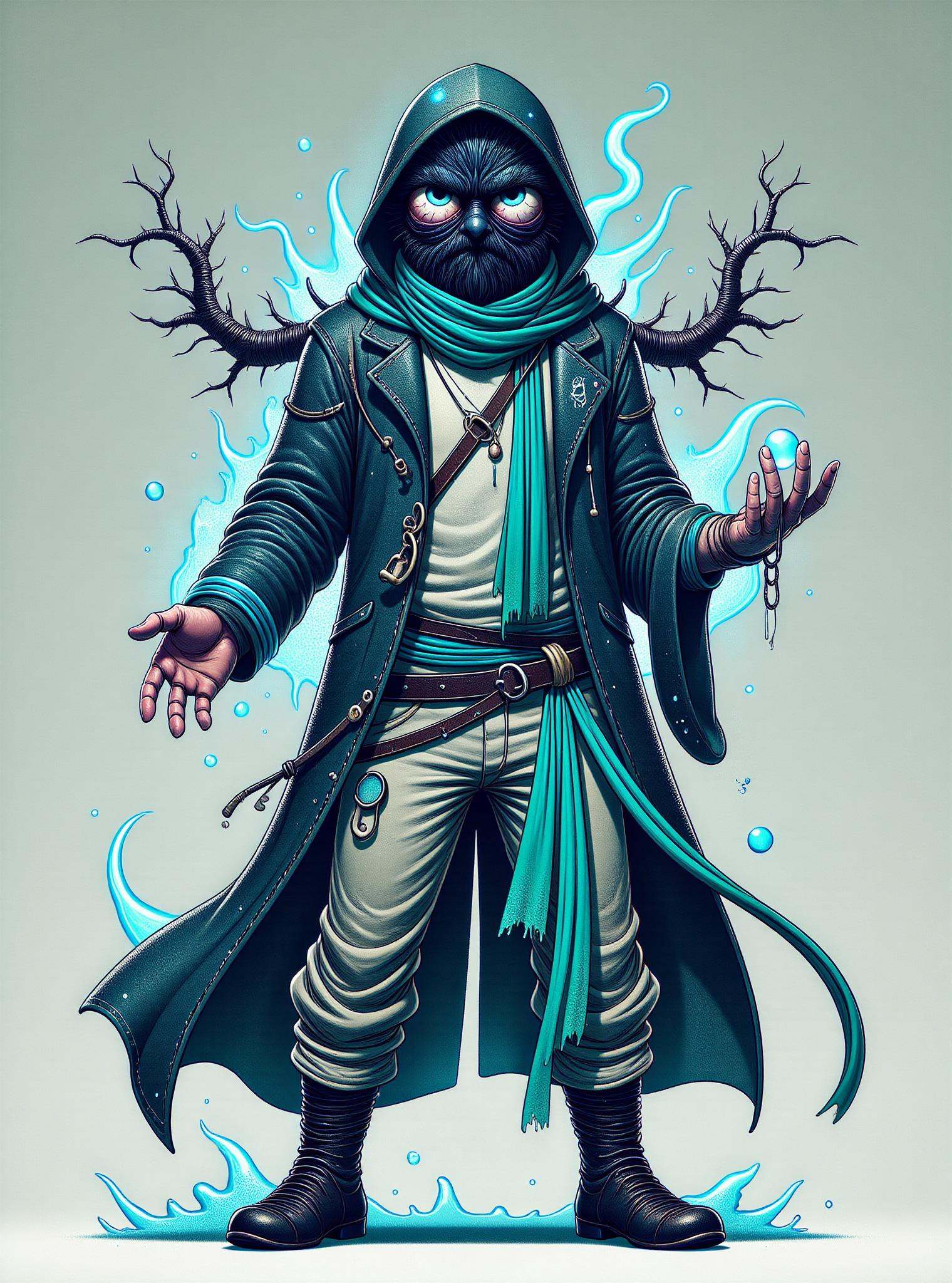 DonM1ns0mn14FXThe, digital illustration, floating text "Go get some sleep!", big eyes, sfw,  male alchemist, technology manipulation, dieselpunk  Practicing enchantment shaped like Ensorcell of blue volatile illusion and nanotechnology manipulation