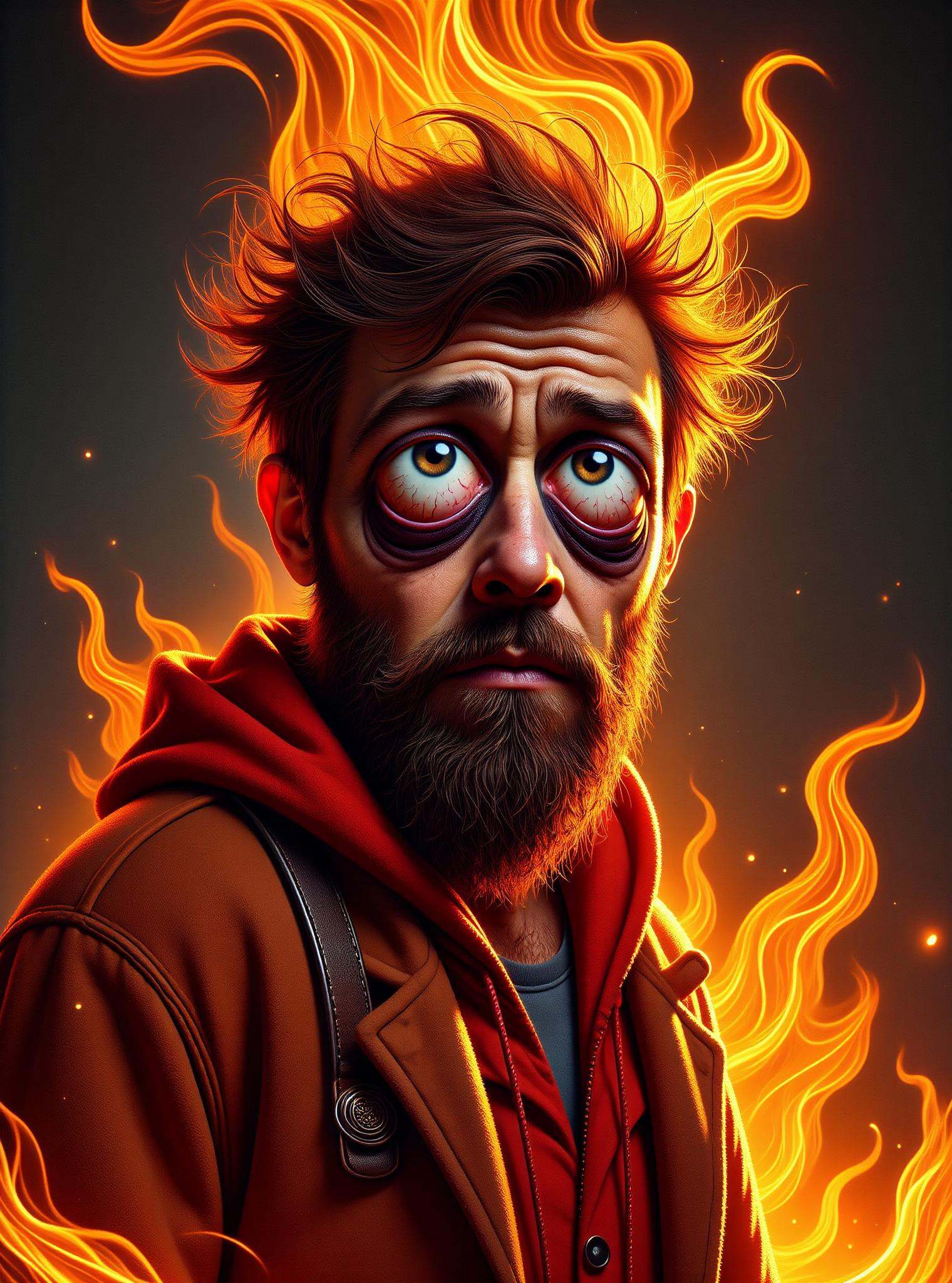DonM1ns0mn14FXThe, digital illustration, big eyes, sfw,  male alchemist, time manipulation, decopunk   blazing, encased in ever-shifting flames, glowing intensely with a spectrum of orange, red, yellow, casting a warm, flickering light, ancient runes