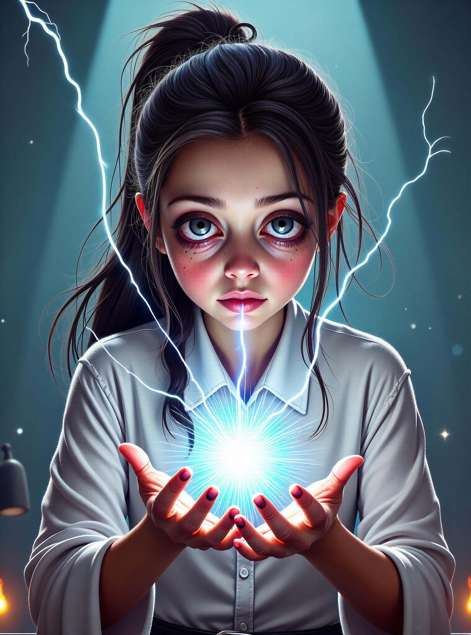 DonM1ns0mn14FXThe, digital illustration,big eyes, sfw,  female mage, electrokinesis  Weaving charm shaped like Transfiguration of pale radiant fire and electrical manipulation (creating and controlling electrical currents)
