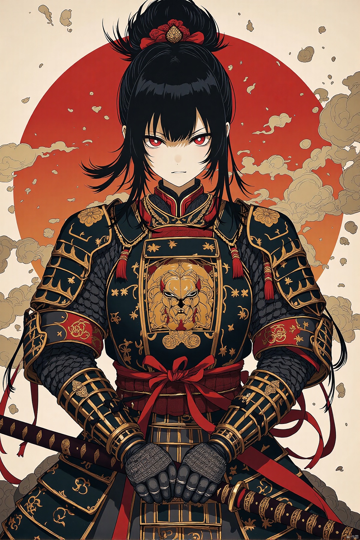 Akira Kurosawa's movie-style poster features a full-body shot of a 28-year-old girl, embodying the samurai spirit of Japan's Warring States Period, An enigmatic female samurai warrior, clad in ornate armor and wielding a gleaming katana, This striking depiction, seemingly bursting with unspoken power, illustrates a fierce and formidable female warrior in the midst of battle. The image, likely a detailed painting, showcases the intensity of the female samurai's gaze and the intricate craftsmanship of his armor. Each intricately depicted detail mesmerizes the viewer, immersing them in the extraordinary skill and artistry captured in this remarkable piece.,realistic,nodf_lora,masterpiece