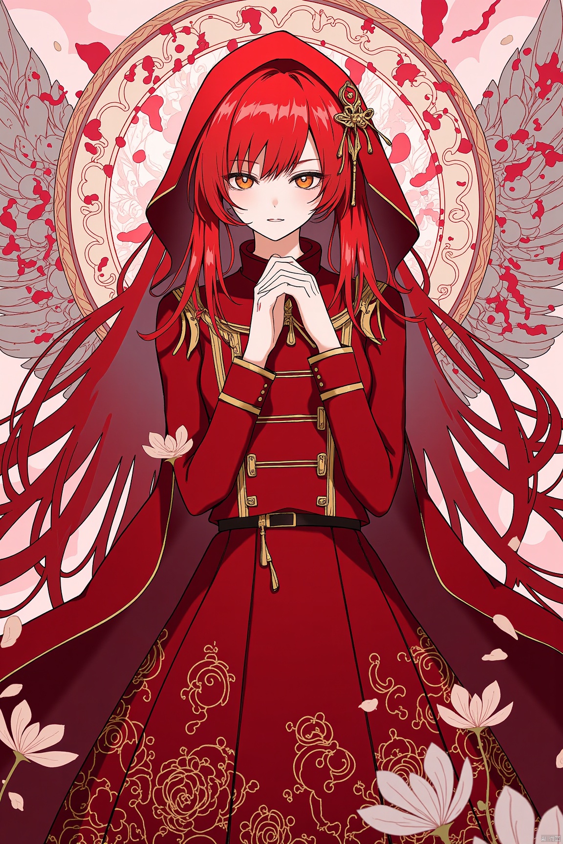1girl,solo,dress,red hair,looking at viewer,long hair,red dress,red theme,flower,long sleeves,hood,full body,own hands together,abstract (abstract art),bangs,abstract background,hood up,