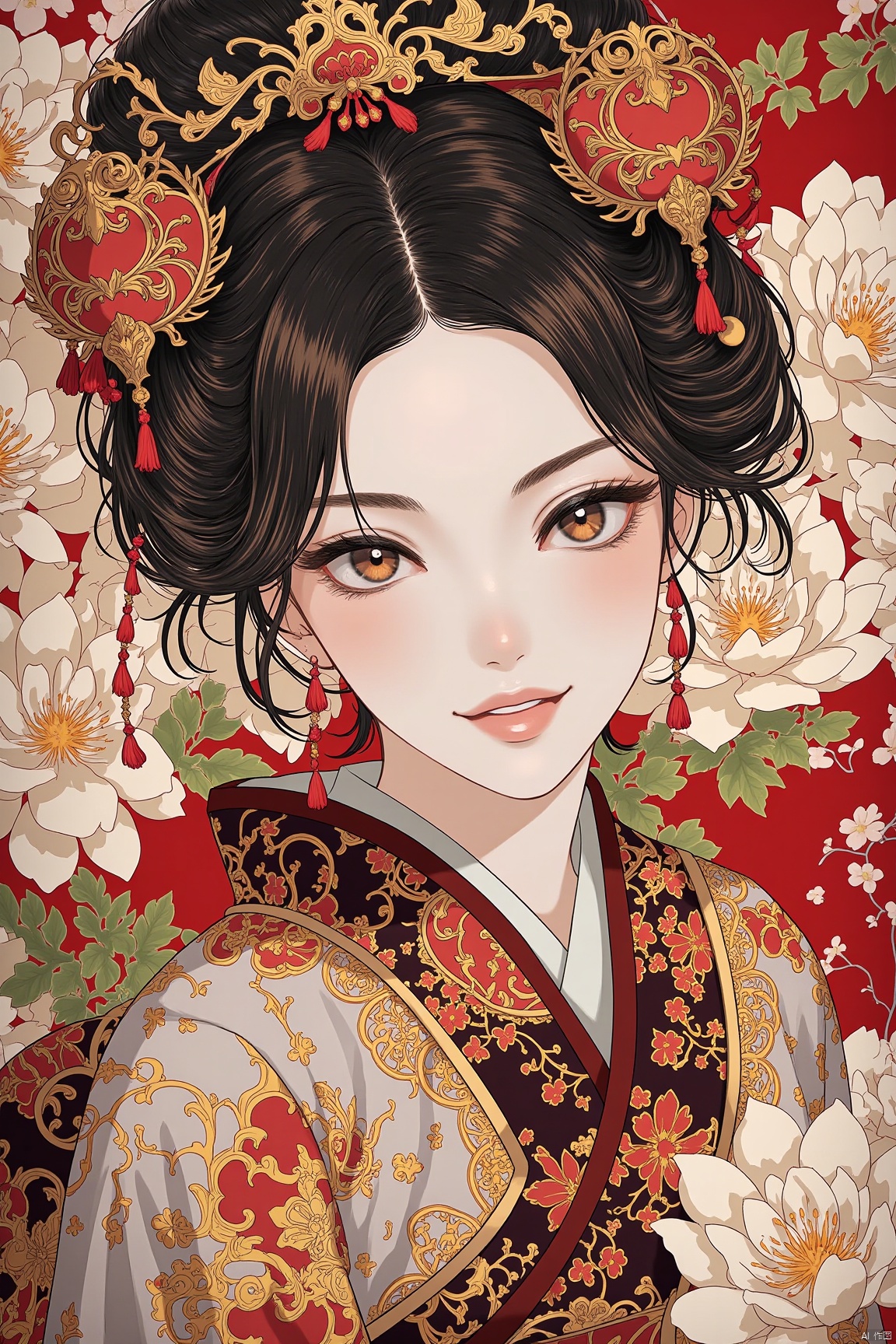 (masterpiece, top quality, best quality, beautiful and aesthetic:1.2),extremely detailed,extremely detailed CG,(high resolution),highly detailed,(high quality),(perfect quality),(glitchcore colors),A girl,wearing hanfu,peony garden,butterfly,(negative space:1.4),fusion of art nouveau styles with gongbi painting,gold and white and red hue,Mucha style,(Cinematic lighting, ethereal light, intricate details, extremely detailed, incredible details, full colored),complex details,hyper maximalist,gorgeous light and shadow,detailed decoration,detailed lines. masterpiece,best quality,HDR,UHD,unreal engine. looking at the camera,fair skin,beautiful face,