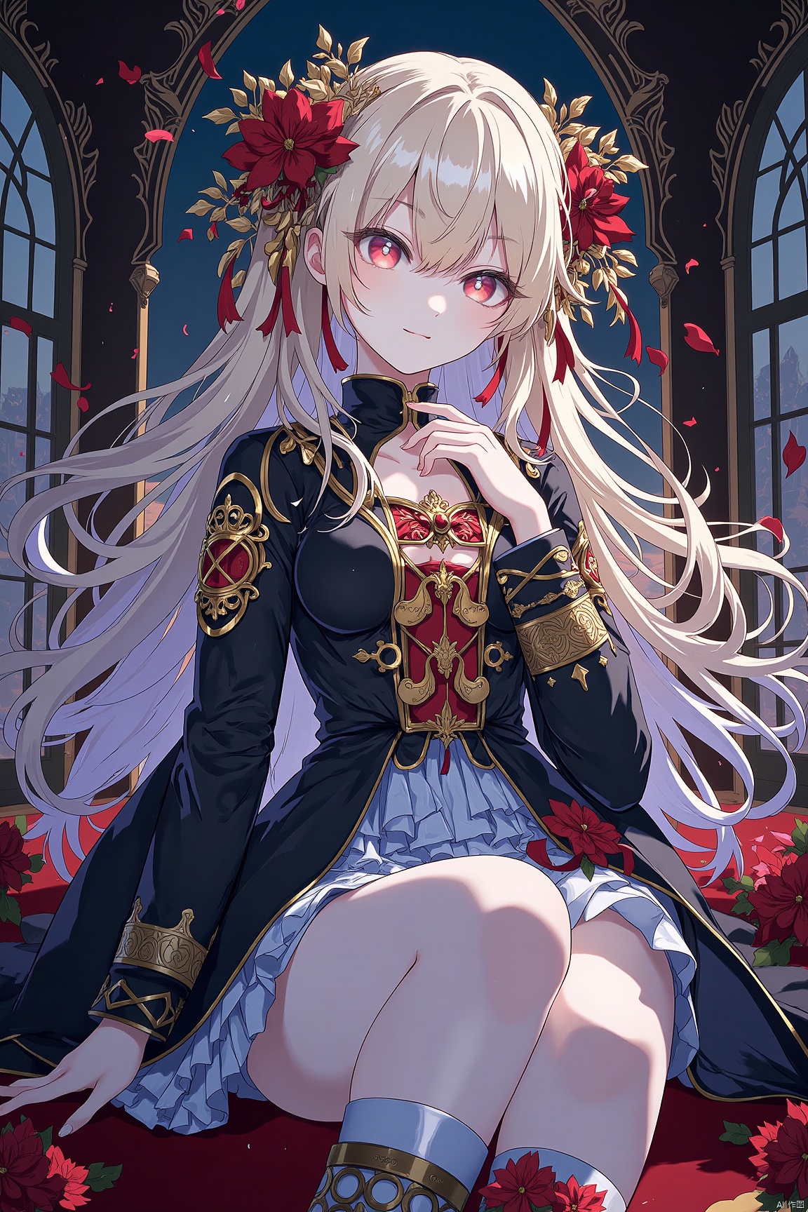 (masterpiece, top quality, best quality, beautiful and aesthetic:1.2),extremely detailed,extremely detailed CG,(high resolution),highly detailed,(high quality),(perfect quality),(glitchcore colors),((caustics:1.3)),(colorful:1.15),(gorgeouslightandshadow:1.1),lightandshadow,closeup,AChinesebeautydressedinamapleleafhanfu,pitiful,stylishandartistic,Fever-Dream,DarkAtmosphere,ZenAtmosphere,16K,hyperquality,blondewavyhair,(shinylonghair),((GothicLolita)),bluewhiteskirt,((shortskirt)),blackHeaddress,bowknot,(((hairornament))),(hairflower),Lace,cross-lacedfootwear,ribbon-trimmedsleeves,buildingarchitecture,((gothicarchitecture)),starrysky,outdoors,church,(castle),