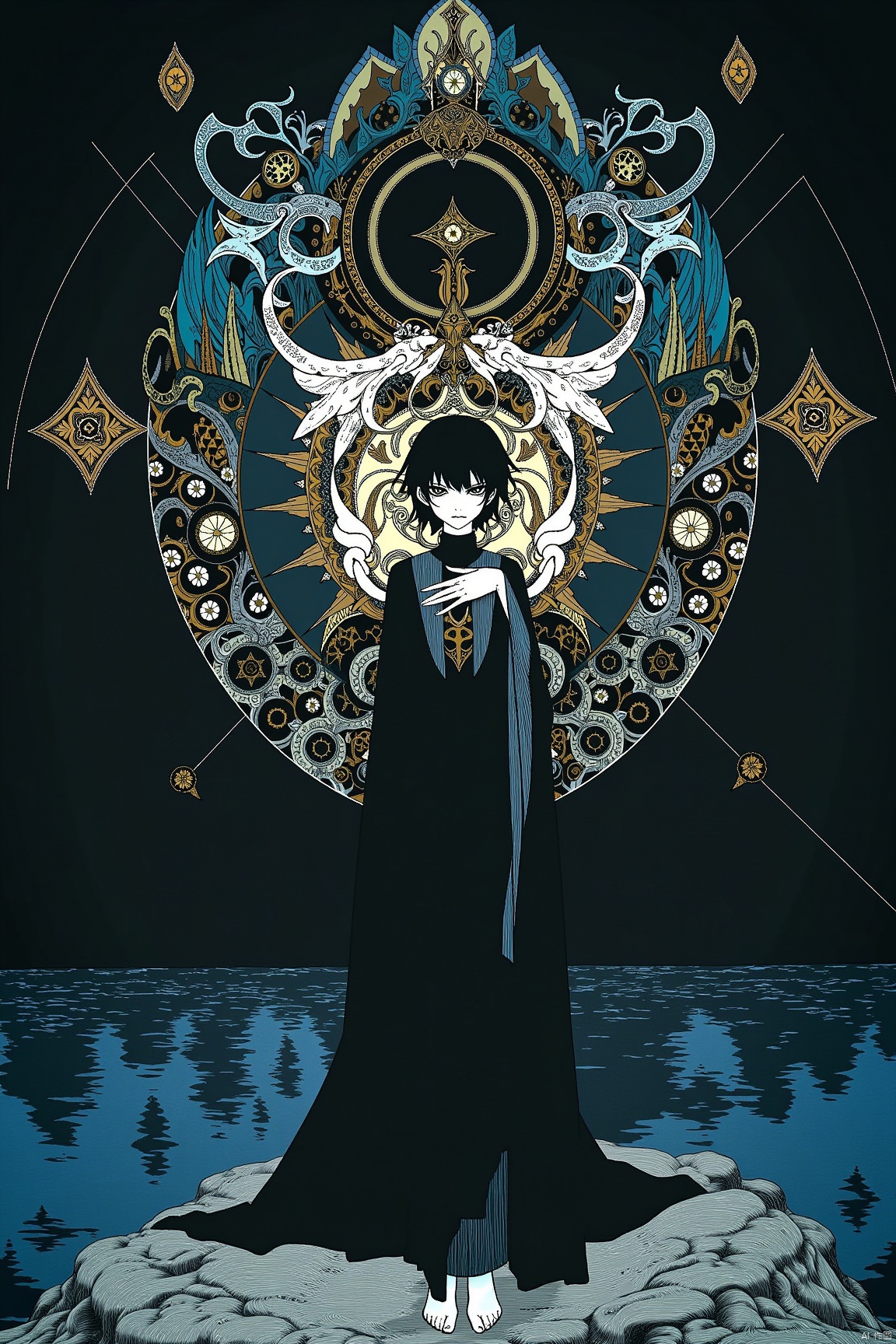 best quality,masterpiece,highly detailed,ultra-detailed,(1girl, solo, an extremely delicate and beautiful girl, extremely detailed, an extremely delicate and beautiful,light leaks, glowing eyes, small breast, anime face, bright eyes, brown eyes,lady standing,messy hair, medium hair, high ponytail, swept bangs ,black hair),(revealing dress, gothic, barefoot, sleeveless shirt),((((detailed background))), wallpaper,Parting art, mandala,chaos,Radial, streamlined,art design,burst,),game cg,artbook,black tone color,from below:1.2,look up,(enormous mountain,blue sea,night),distressed,standing on the sea,torch,hand on own chest,full body,island,