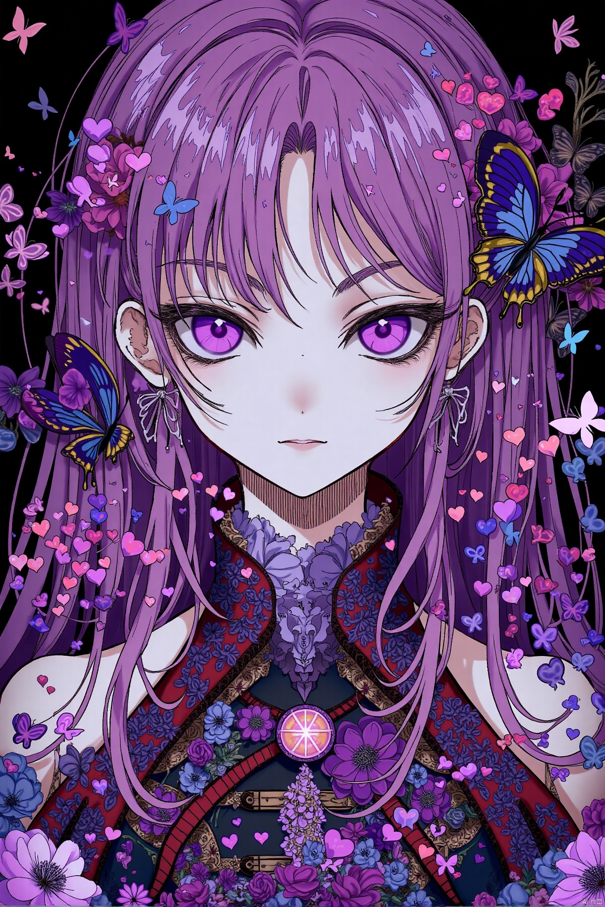 (masterpiece, top quality, best quality, beautiful and aesthetic:1.2),extremely detailed,extremely detailed CG,(high resolution),highly detailed,(high quality),(perfect quality),(glitchcore colors),Imaginative picture, a girl, front, surrounded by heart-shaped flowers, butterflies, rich colors, purple style,