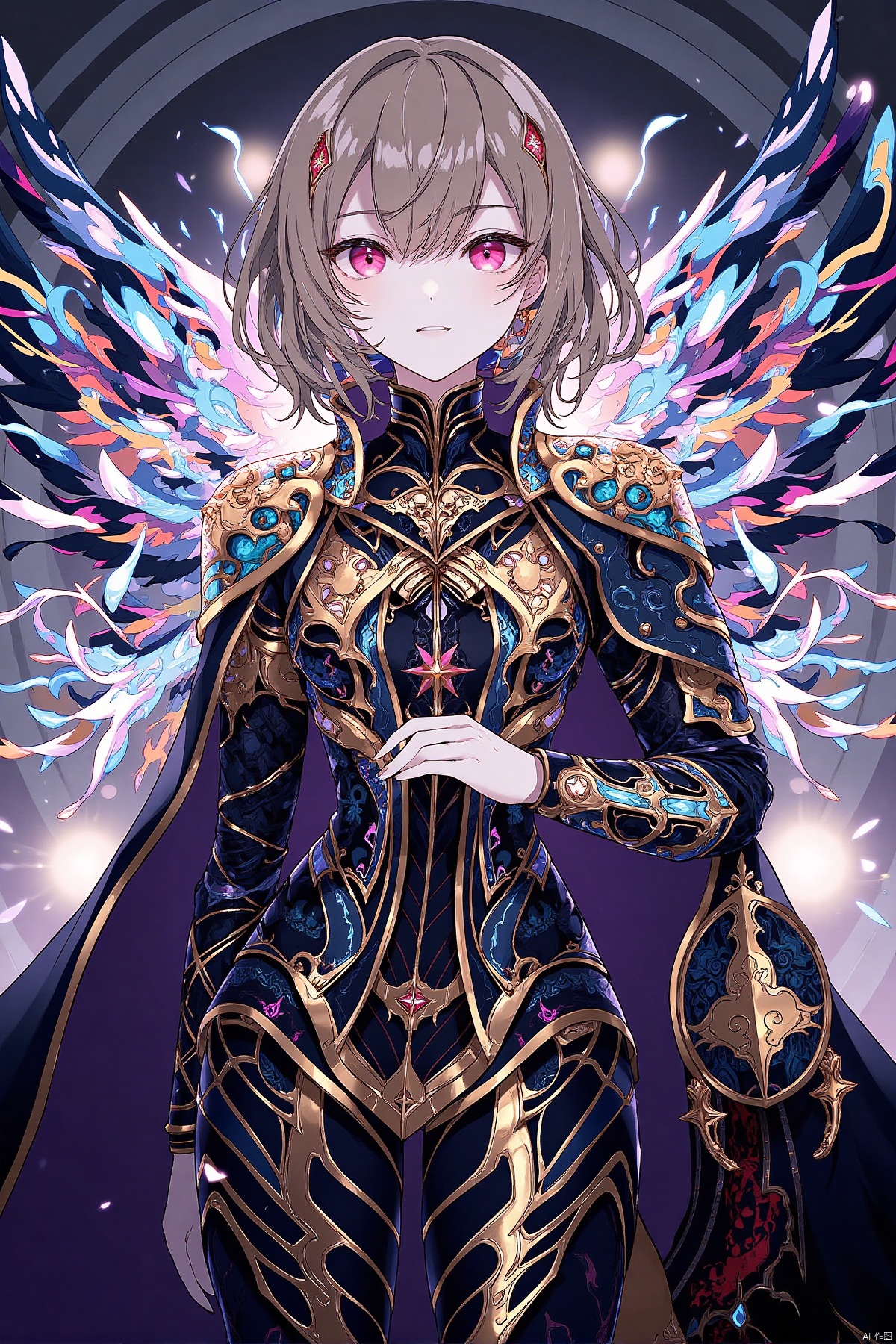 masterpiece,magic,girl,dazzling,peculiar robe,wings,machinery,AI,(full body),(upper body),(top quality),pop art,extremely detailed,extremely detailed CG,(high resolution),highly detailed,(high quality),(perfect quality),(glitchcore colors),(masterpiece, top quality, best quality, beautiful and aesthetic:1.2),