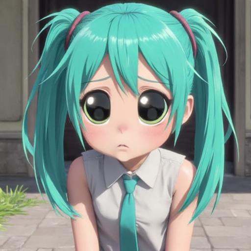 Hatsune Miku with big pleading eye looking up to the camera,  cute eyes by Such-AI on Tensor.Art