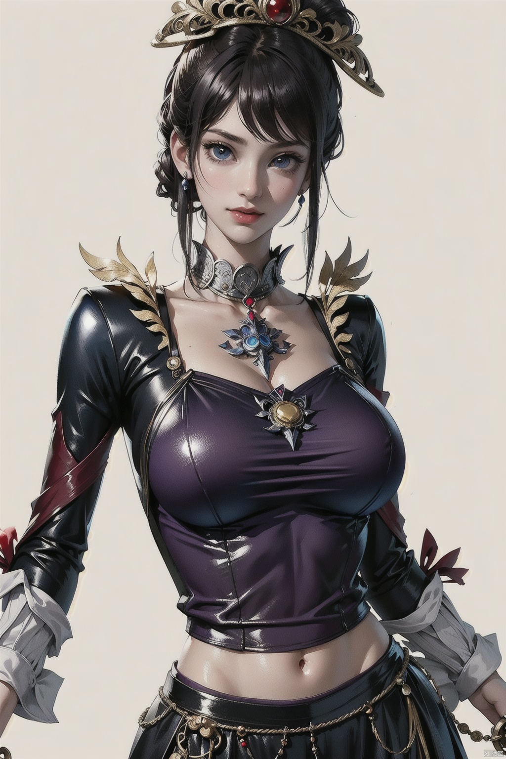 (white background :1.3), 1 girl, solo, busty, 30 years old, pretty, short hair, (big boobs :1.3), blonde hair, ninja, grey top, short black skirt, delicate clothes, smiling at the camera, camera focused on the face,
High resolution, Master painting, CG, Wallpaper, Super Detail, Intricate Detail, Masterpiece, 8k, Contrast, smooth, bright picture, soft picture, Rembrandt Lighting, Amazing, Manga style, Manga, Anime, Games CG, samuyi, seductive eyes