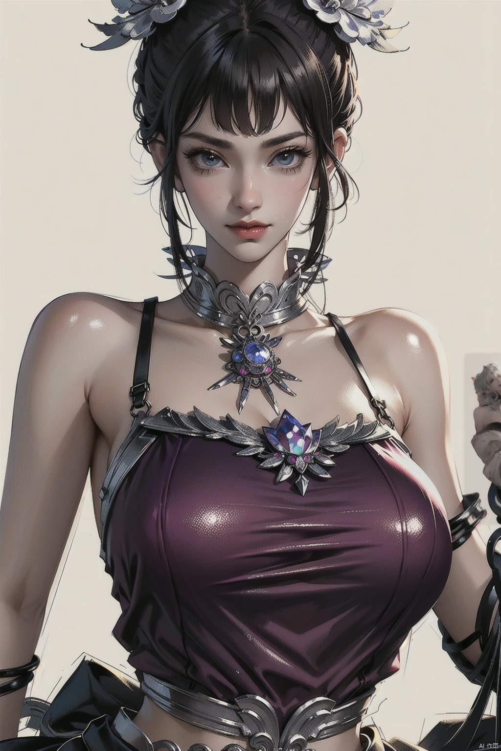 (white background :1.3), 1 girl, solo, busty, 30 years old, pretty, short hair, (big boobs :1.3), blonde hair, ninja, grey top, short black skirt, delicate clothes, smiling at the camera, camera focused on the face,
High resolution, Master painting, CG, Wallpaper, Super Detail, Intricate Detail, Masterpiece, 8k, Contrast, smooth, bright picture, soft picture, Rembrandt Lighting, Amazing, Manga style, Manga, Anime, Games CG, samuyi, seductive eyes