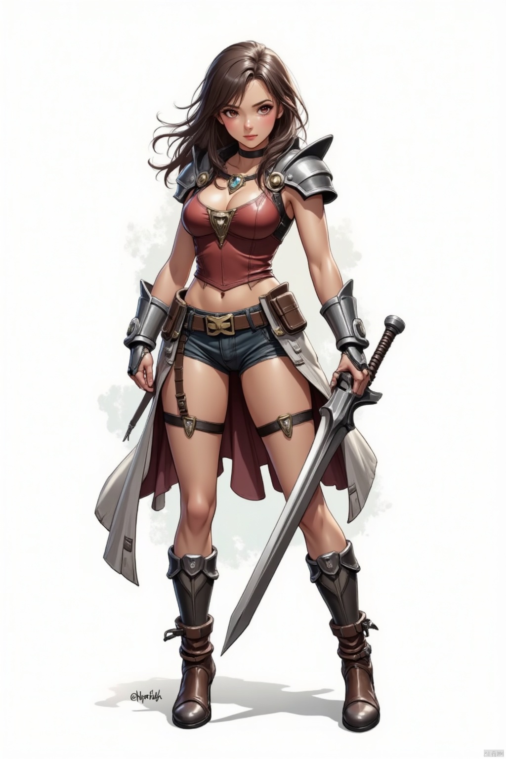 An animated female warrior is standing in a stark white backdrop