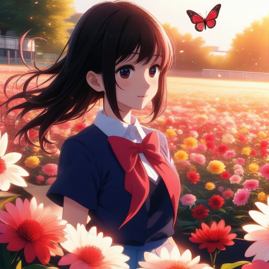 Anime style,  a young woman in a school girl uniform stands in a vibrant flower field,  sunlight filtering through the pet...