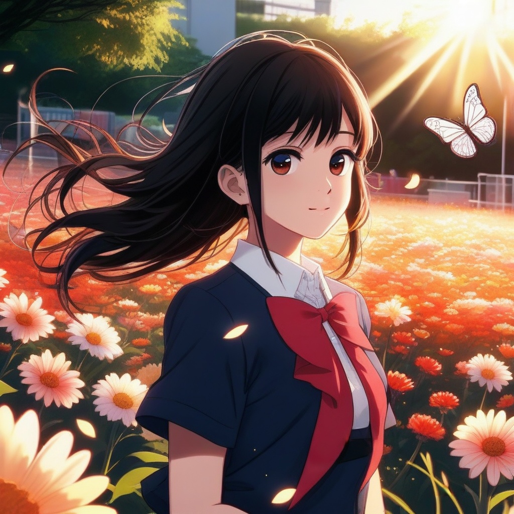 Anime style,  a young woman in a school girl uniform stands in a vibrant flower field,  sunlight filtering through the pet...