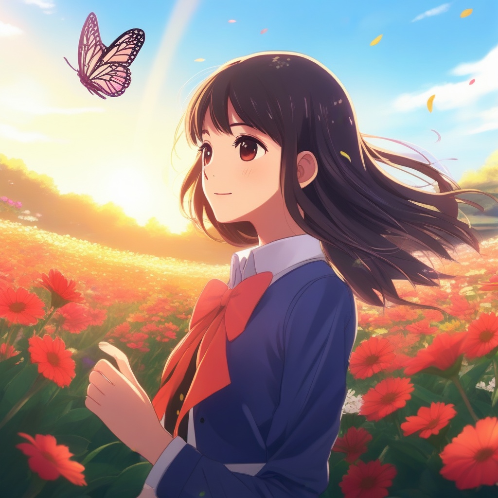 Anime style,  a young woman in a school girl uniform stands in a vibrant flower field,  sunlight filtering through the pet...