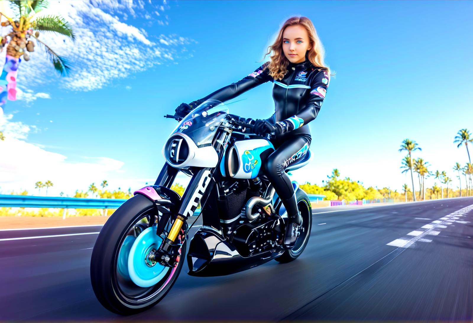 Disney animation style katya clover as an anime charakter,riding a arch143, at a raceway wearing a black latex racesuit,, candy cotton clouds, happyness, joy, palm tree, natural blue eye,,. Bright colors, fluid motion, charming characters, wholesome storytelling, hand-drawn animation
