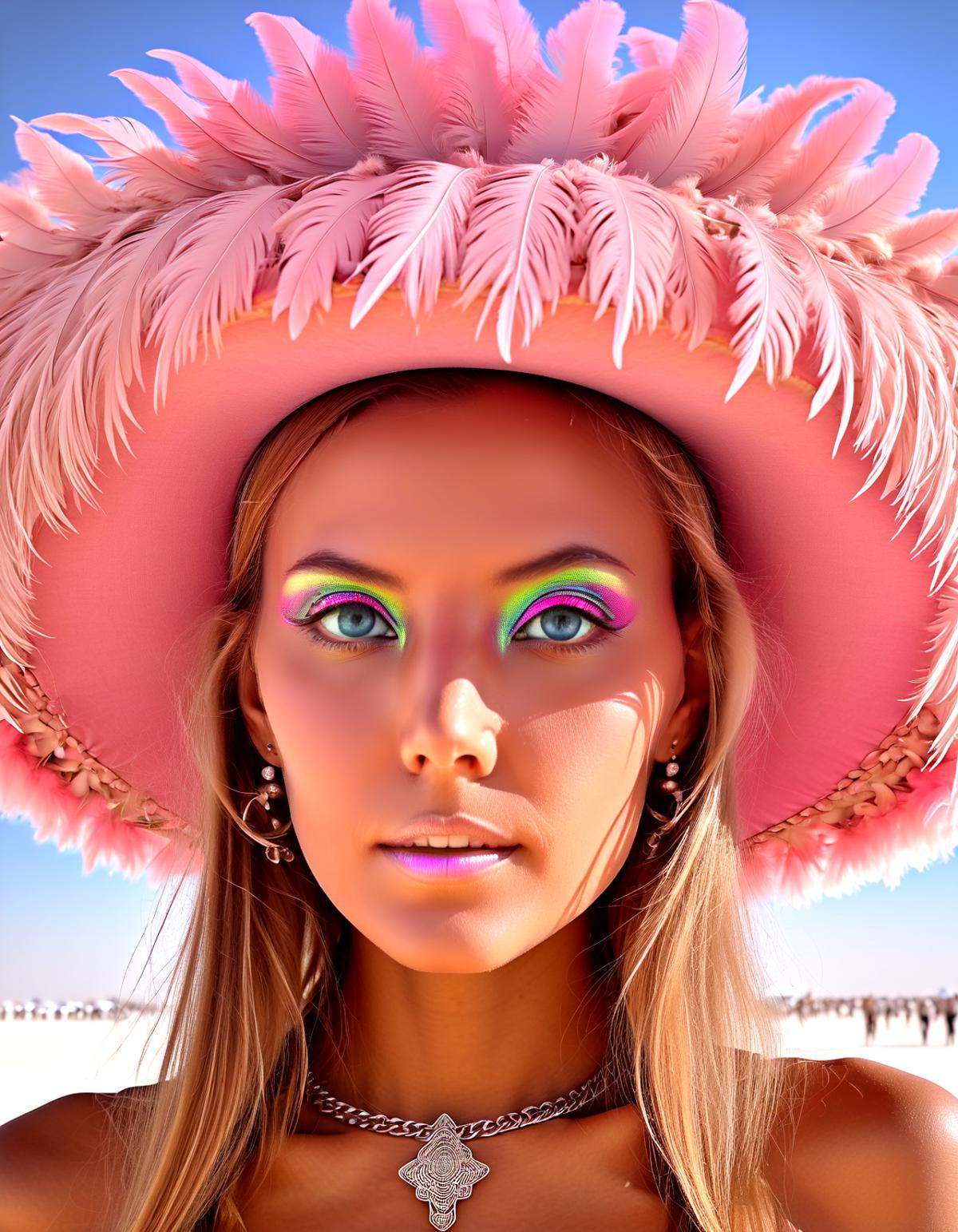 Sophisticated sensual tableaus, this katya clover wearing burning man burner fashion, at burning man festival in the desert, (candy cotton clouds:0.9),surreal, acid trip, magic mushrooms, lsd dmt candyflip, happy, joy, drunk, big eyes, crazy face, psychedelic, small brest flashing, natural face, brown haute coture feather hat,, elevates eroticism to aesthetic heights, every image a seducing sublime masterpiece.
