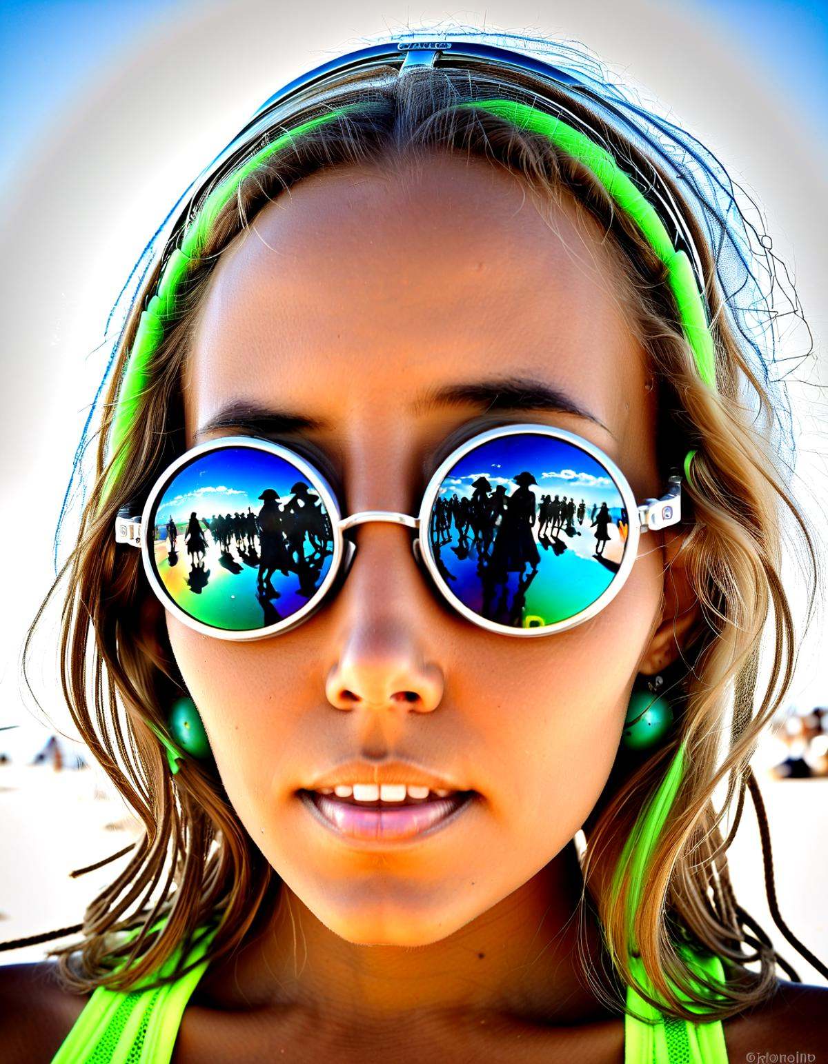 Hip-Hop Fashion katya clover wearing burning man burner fashion, at burning man festival in the desert, (candy cotton clouds:0.9),surreal, acid trip, magic mushrooms, lsd dmt candyflip, happy, joy, drunk, big eyes, crazy face, psychedelic, small brest flashing, natural face, black cylinder, Welding goggles, surreal sculptures as reflections on the goggles,,, Hip-Hop Fashion, often for music influence, bold accessories, or expressive attire.