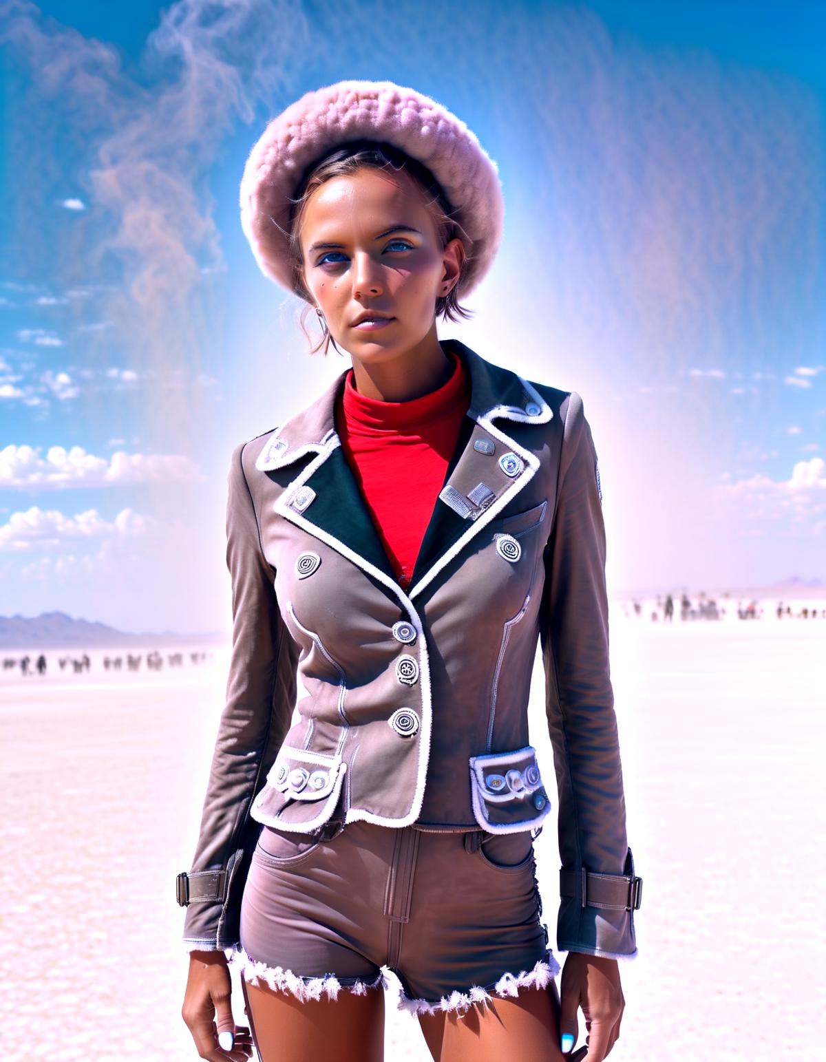 Sophisticated sensual tableaus, this portrait of katya clover wearing a dieselpunk clothes, at burning man festival in the desert, (candy cotton clouds:0.9),surreal, acid trip, magic mushrooms, lsd dmt candyflip, happy, joy, drunk, big eyes, crazy face,, elevates eroticism to aesthetic heights, every image a seducing sublime masterpiece.