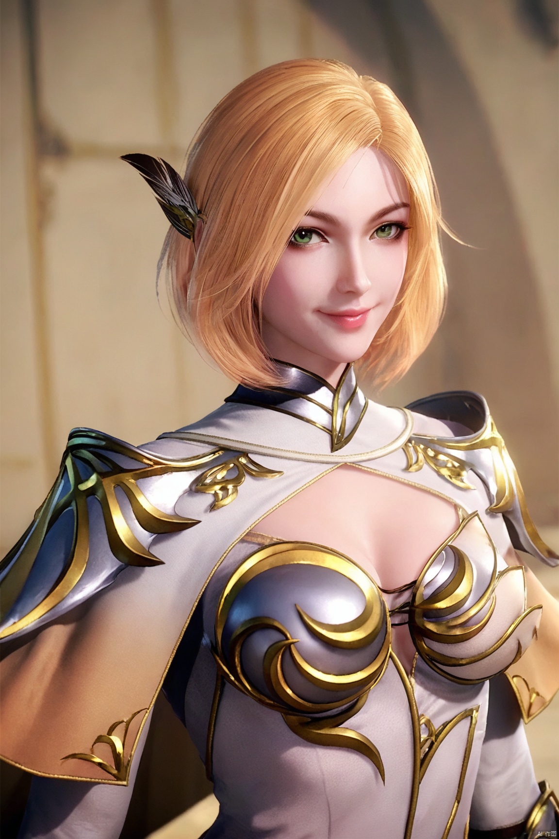 score_9_up,score_8_up,score_7_up,HLN,1girl, solo, breasts, looking at viewer, smile, short hair, blonde hair, hair ornament, cleavage, green eyes, upper body, armor, lips, feathers, shoulder armor