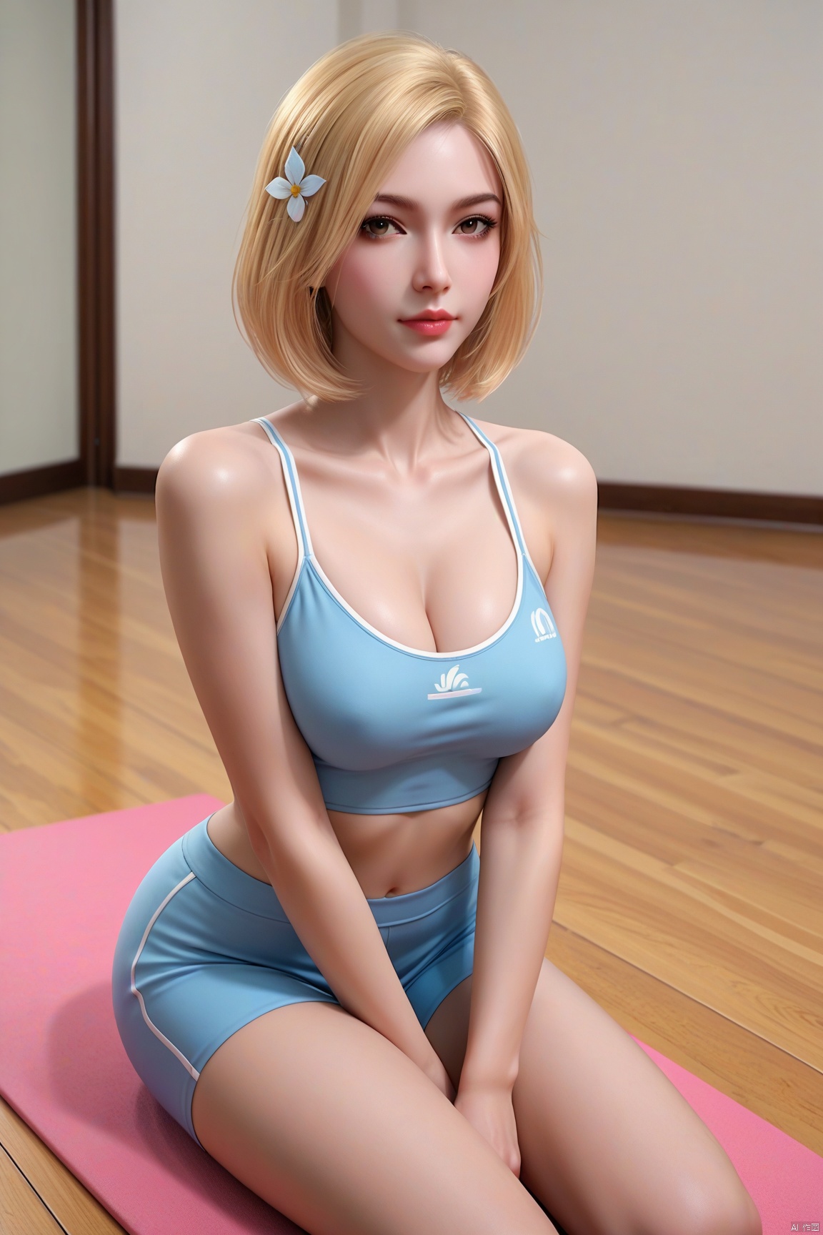 score_9_up,score_8_up,score_7_up,HLN,1girl, solo, brown eyes, blonde ,  Mid short hair,  looking at viewer,(Yoga Attire:1.3), big breasts,cleavage , hair ornament,lips, realistic,gym,Sitting on a yoga mat