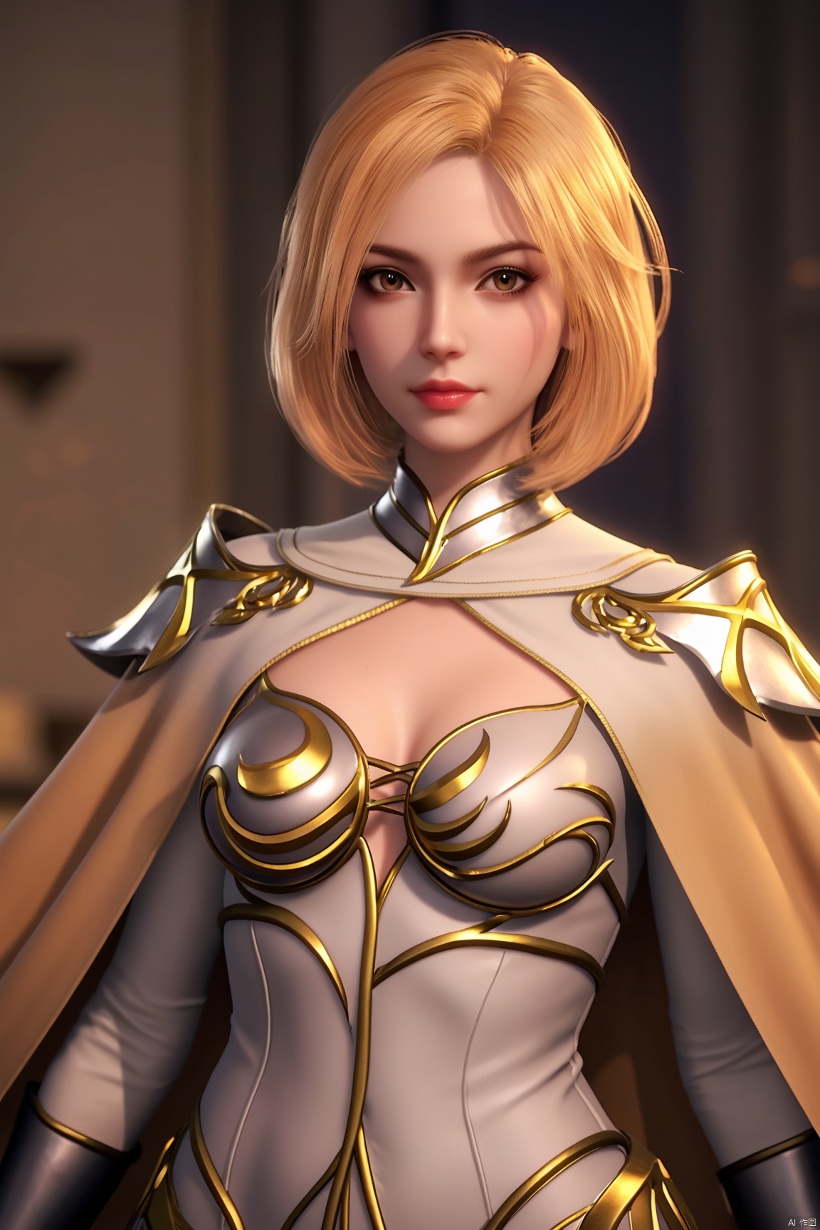 score_9_up,score_8_up,score_7_up,HLN,1girl, solo, breasts, short hair, blonde hair, brown eyes, cape, armor, lips