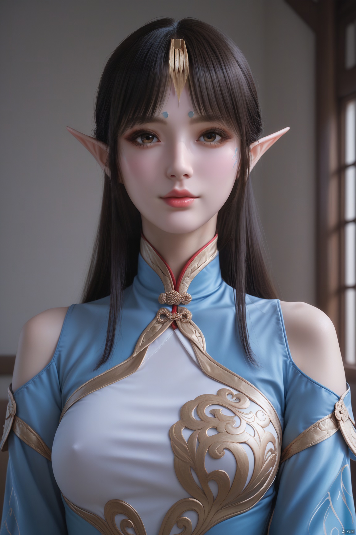 score_9,score_8_up,score_7_up,source_anime, 
1girl, solo, long hair, looking at viewer, bangs, black hair, dress, bare shoulders, brown eyes, closed mouth, upper body, pointy ears, indoors, lips, clothing cutout, facial mark, chinese clothes, elf, forehead mark, realistic,qinger