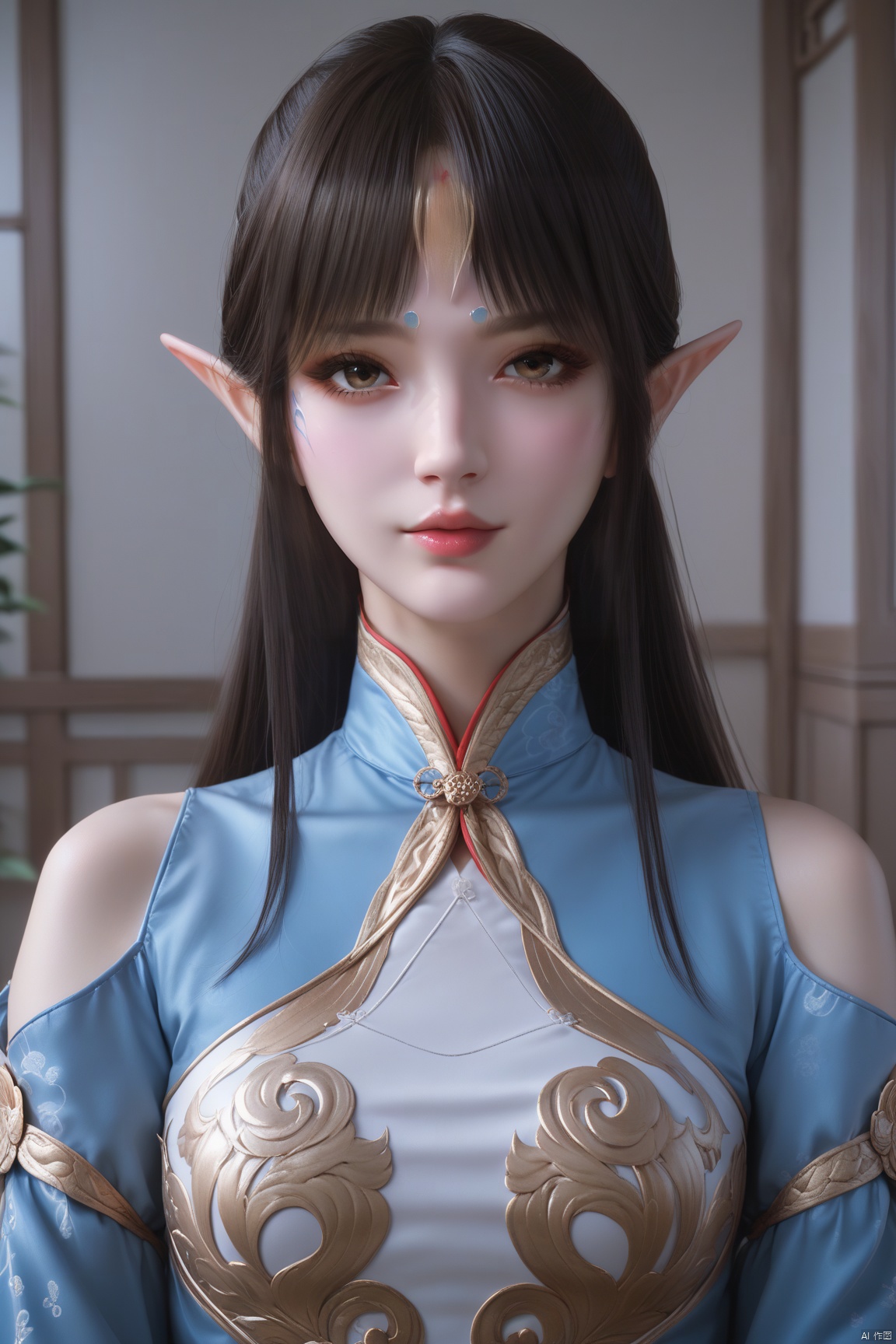 score_9,score_8_up,score_7_up,source_anime, 
1girl, solo, long hair, looking at viewer, bangs, black hair, dress, bare shoulders, brown eyes, closed mouth, upper body, pointy ears, indoors, lips, clothing cutout, facial mark, chinese clothes, elf, forehead mark, realistic,qinger