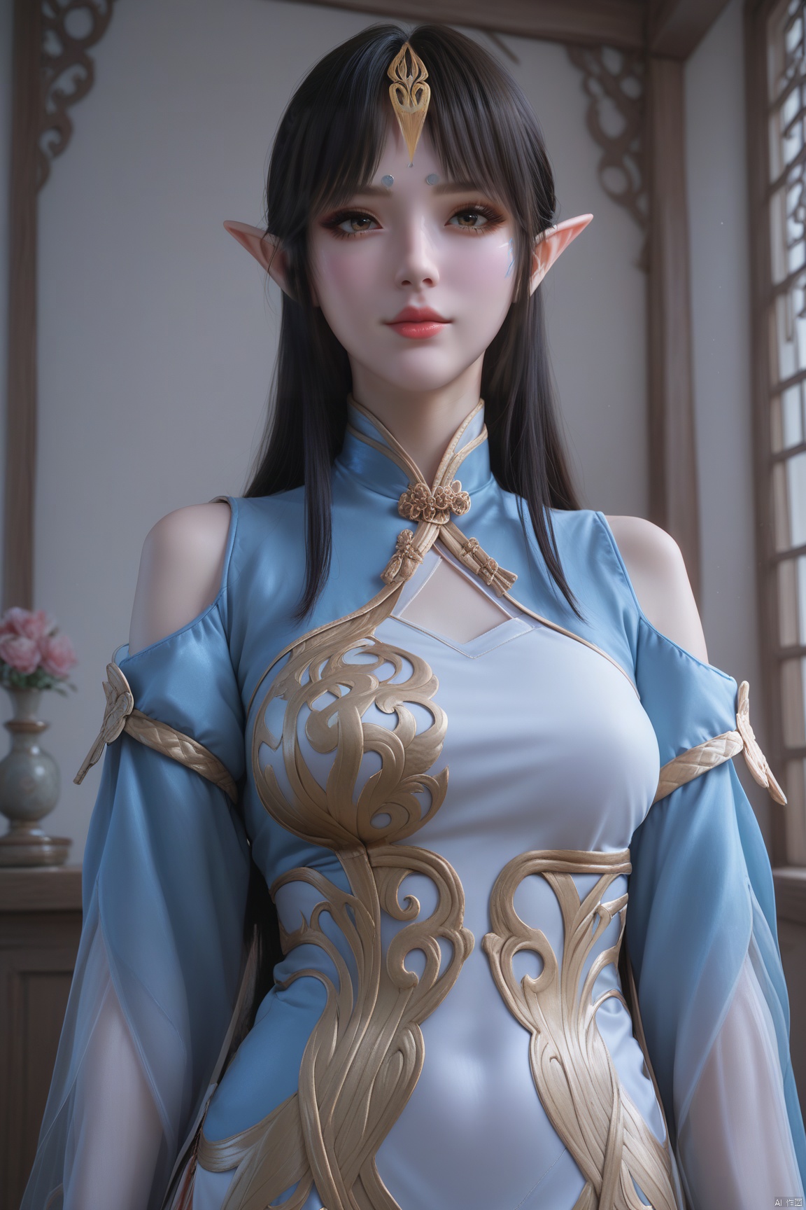 score_9,score_8_up,score_7_up,source_anime, 
1girl, solo, long hair, looking at viewer, bangs, black hair, dress, bare shoulders, brown eyes, closed mouth, upper body, pointy ears, indoors, lips, clothing cutout, facial mark, chinese clothes, elf, forehead mark, realistic,qinger