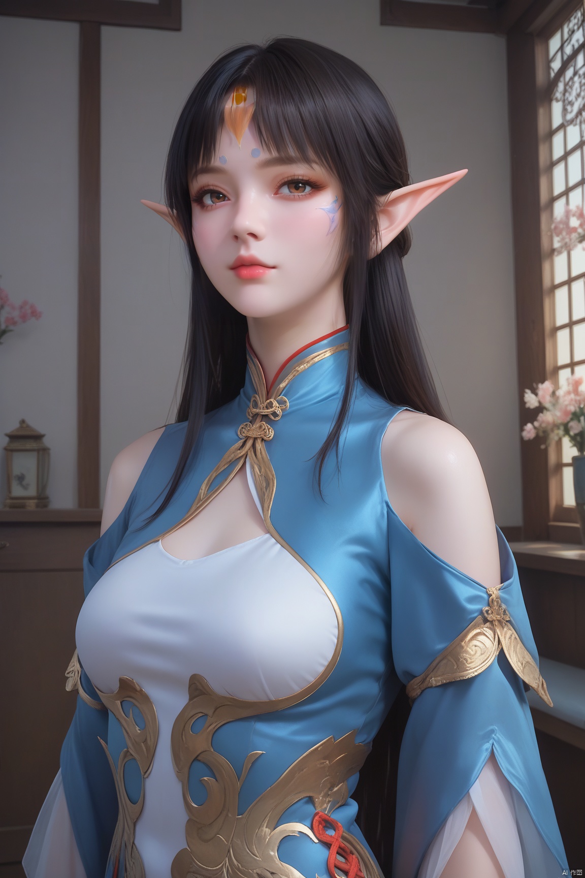 score_9,score_8_up,score_7_up,source_anime, 
1girl, solo, long hair, looking at viewer, bangs, black hair, dress, bare shoulders, brown eyes, closed mouth, upper body, pointy ears, indoors, lips, clothing cutout, facial mark, chinese clothes, elf, forehead mark, realistic,qinger