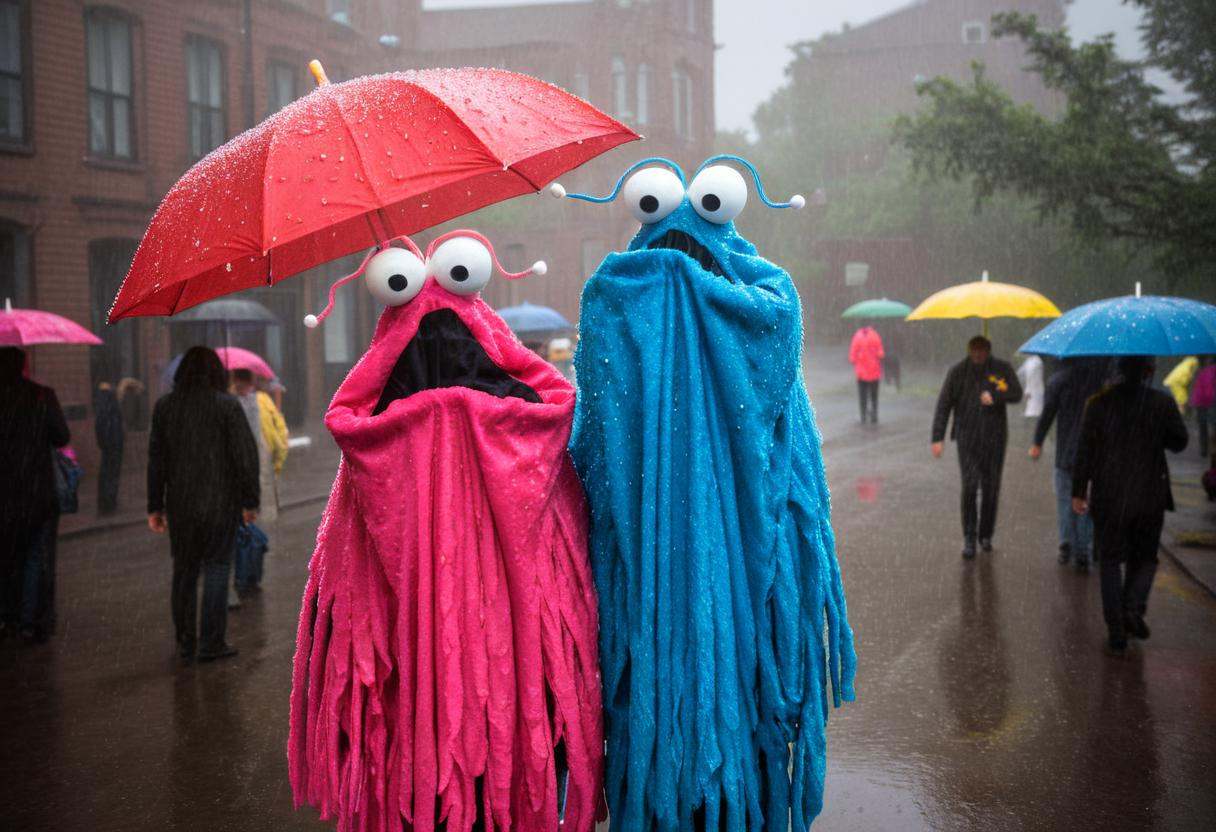PHOTO OF 2 YIP YIP MARTIANS WITH UMBRELLAS IN THE RAIN on Tensor.Art