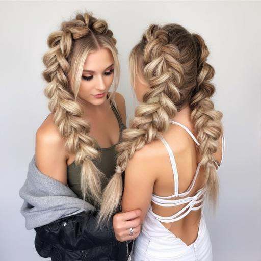 her makeup is heavy with winged eyeliner and copper-toned eyeshadow,  styled in a loose braid_fishtail. They are wearing a...