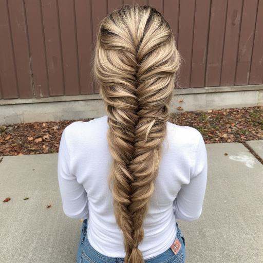flows down the back. A few strands of hair escape the braid,  sitting outdoors on a concrete surface with fallen leaves sc...