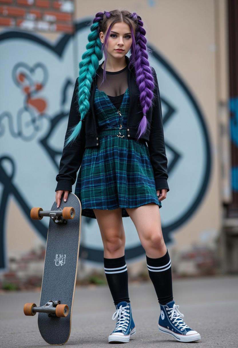 Full body dynamic Street style fashion photograph of a young woman with duo tone split color hair,  one side is teal and t...