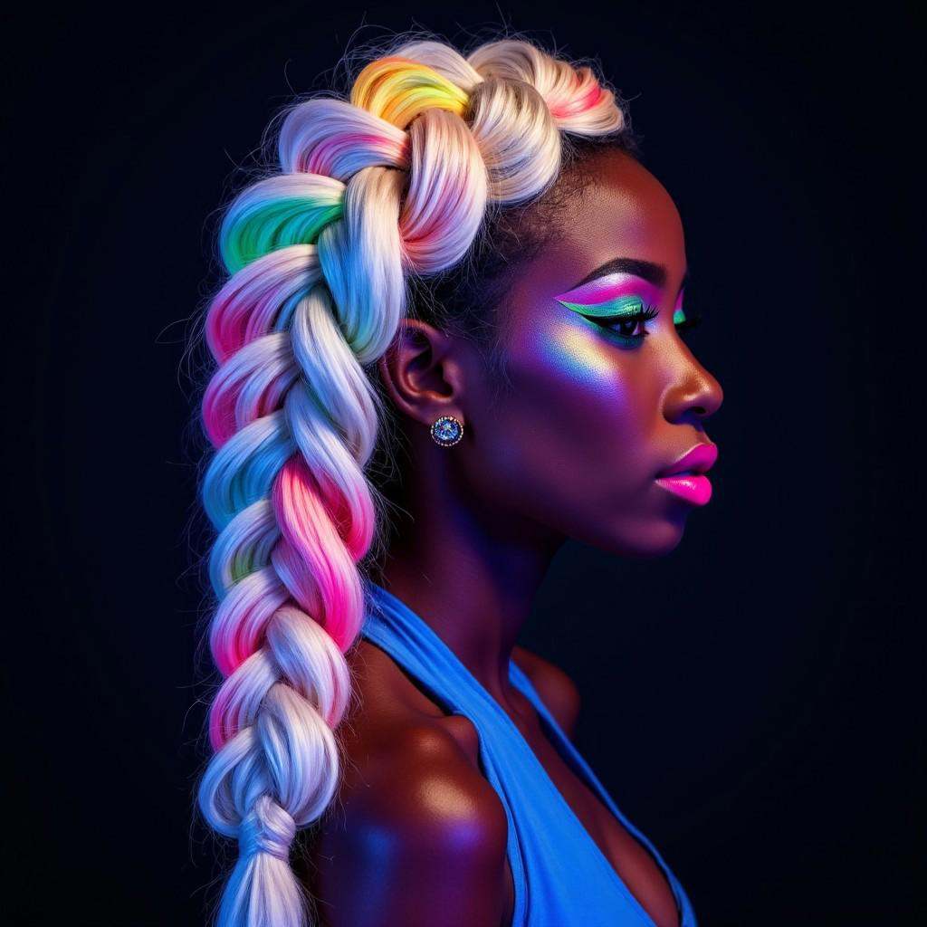 braid_dutch Close-up commercial beauty portrait of a gorgeous ebony model,  side profile,  thick platinum blonde textured...