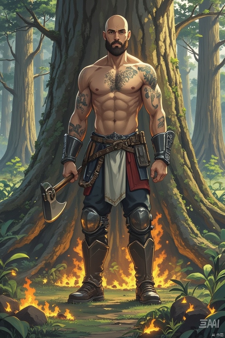solo, 1boy, navel, holding, standing, weapon, male focus, outdoors, belt, holding weapon, armor, tree, tattoo, muscular, colored skin, facial hair, abs, fire, pectorals, muscular male, nature, beard, forest, axe, bald